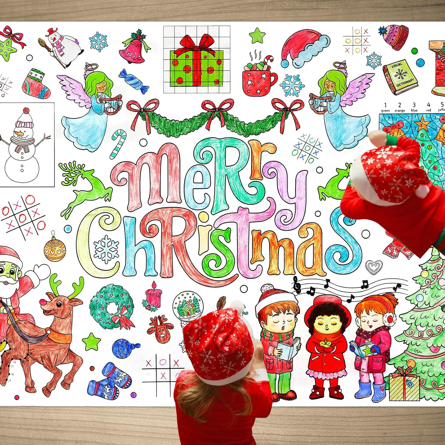 SICOHOME Christmas Giant Coloring Poster - Coloring Tablecloth for Kids 35 x 54 Disposable Merry Christmas Decoration Art Craft for School Winter Activities Party Supplies - Angels