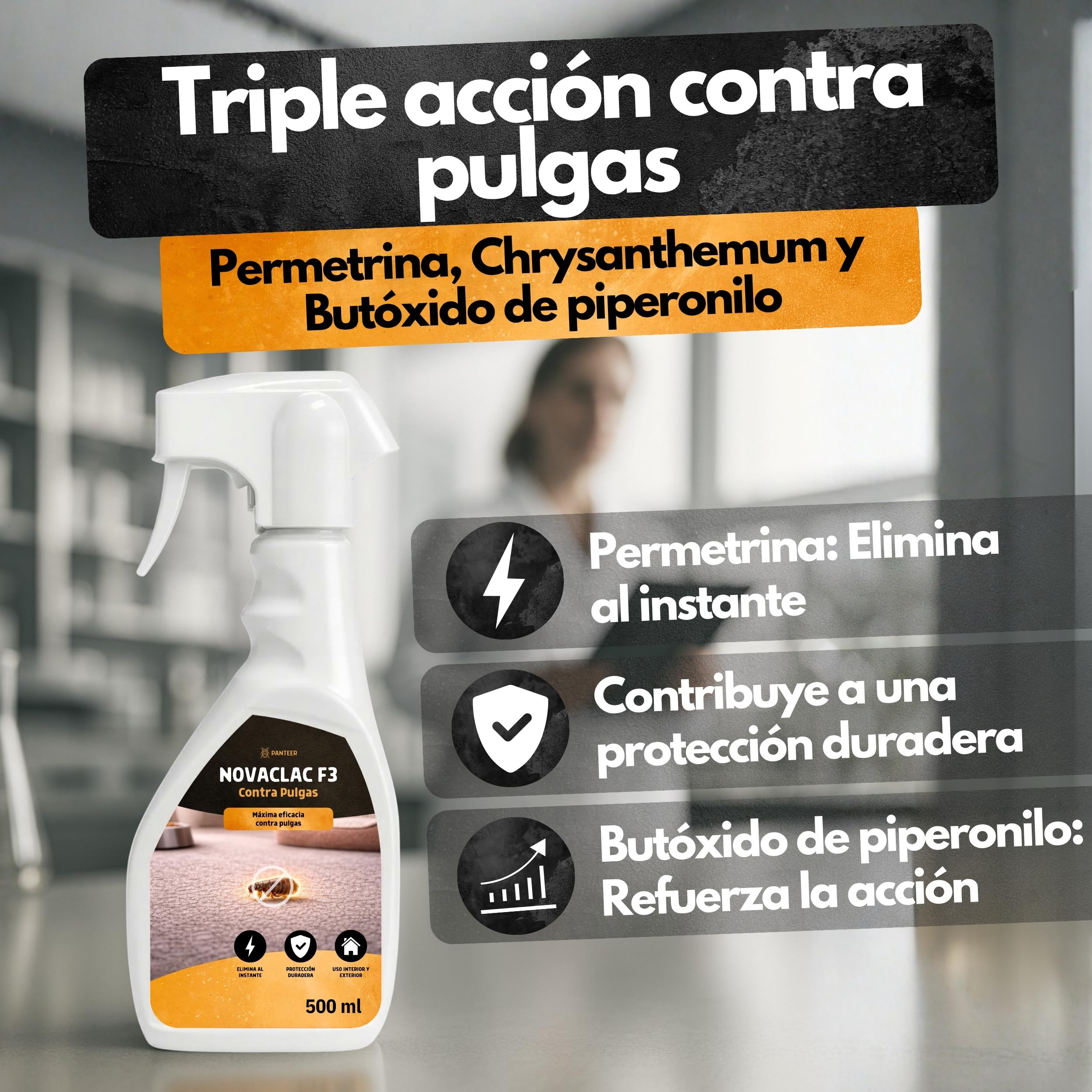 NOVACLAC F3 Mata Pulgas – Spray Insecticida 500 ml PT18 – Elimina pulgas al instante – Protección duradera – Uso interior y exterior – Calidad europea formulada para España