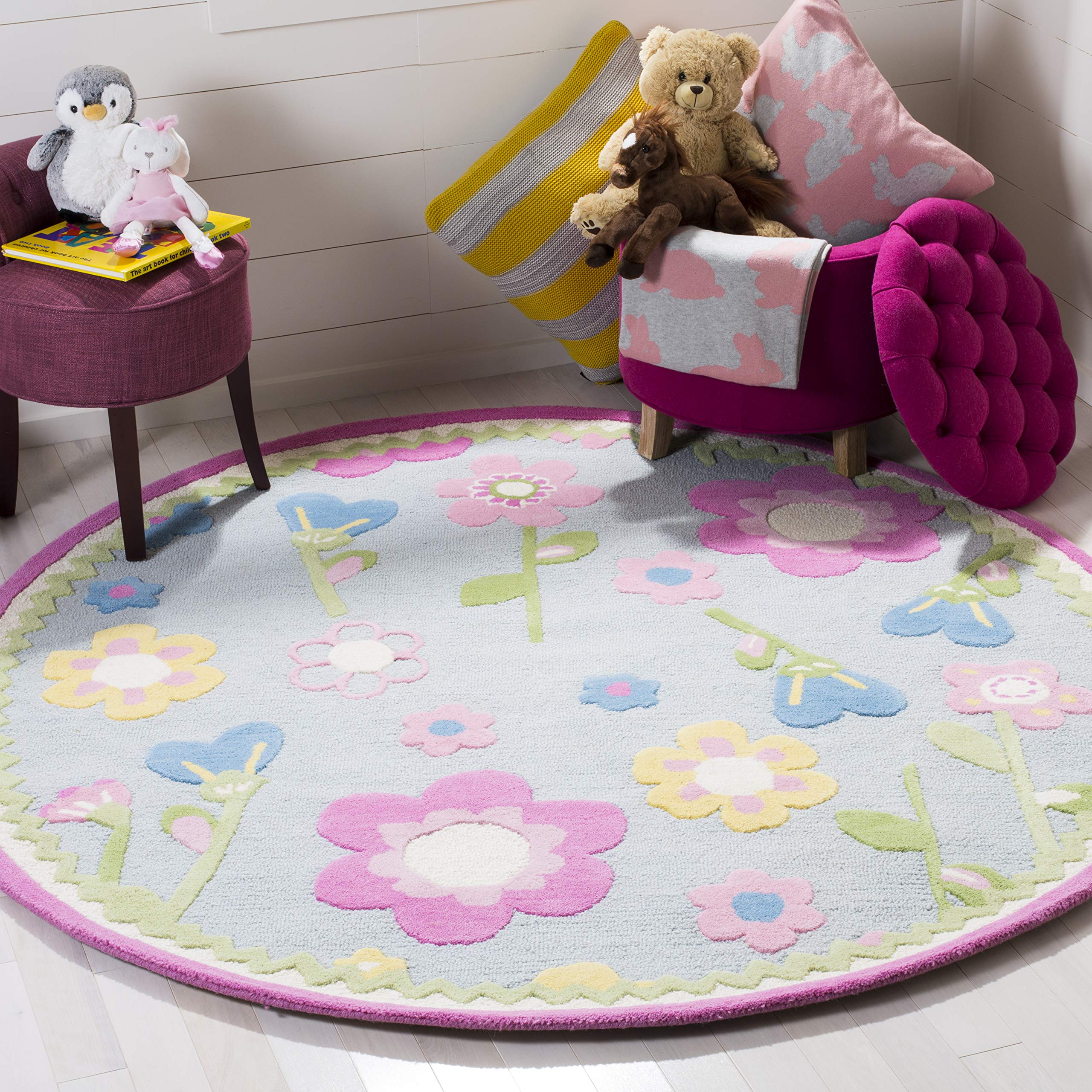 SAFAVIEH Kids Collection 6' Round Blue/Multi SFK311A Handmade Floral Wool Area Rug