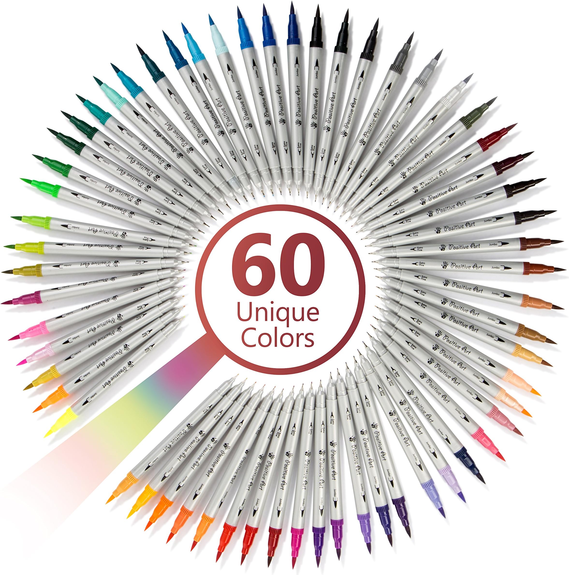 Positive Art Dual Tip Brush Pens, 60 Unique Colors Wide Variety Of Colors For All Arts And Crafts, Fine And Jumbo Tip, With Color Chart And Stickers Included