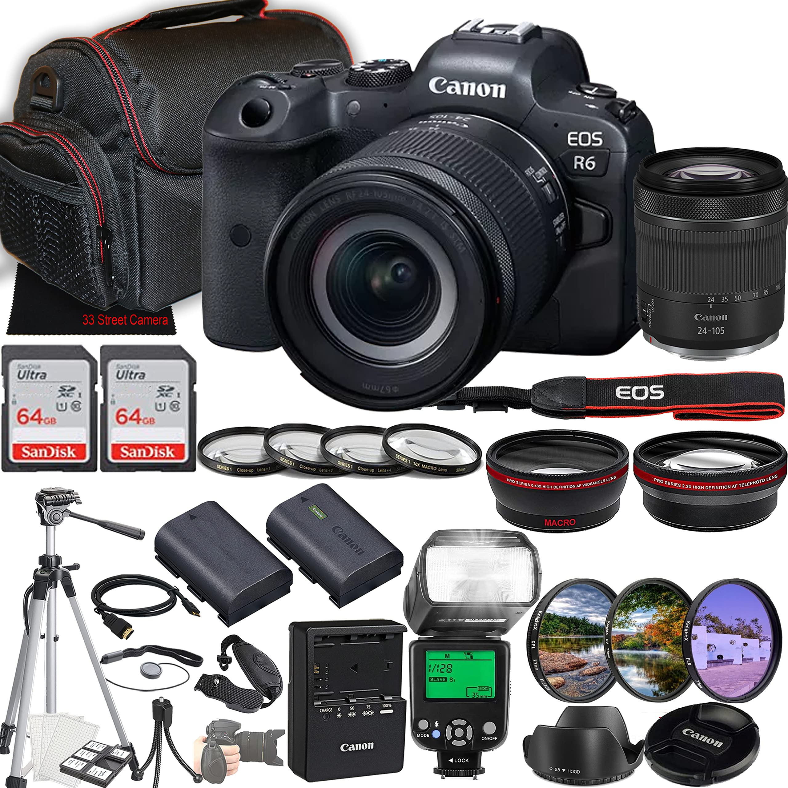 Canon EOS R6 Mirrorless Camera w/RF 24-105mm f/4-7.1 is STM Lens + 2X 64GB Memory + Case + Filters + TTL Flash + More (35pc Bundle)