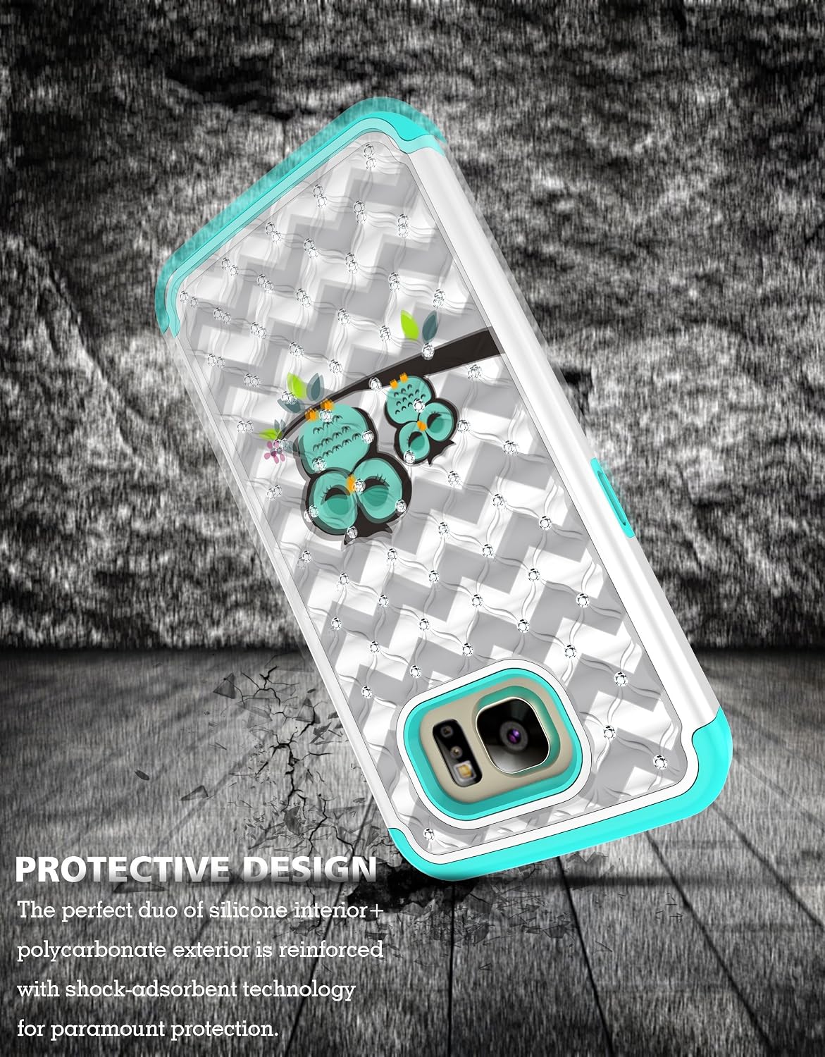 Style4U Galaxy S7 Case, Cute Owl Studded Rhinestone Crystal Bling Hybrid Armor Case Cover for Samsung Galaxy S7 with 1 Stylus [White/Teal]