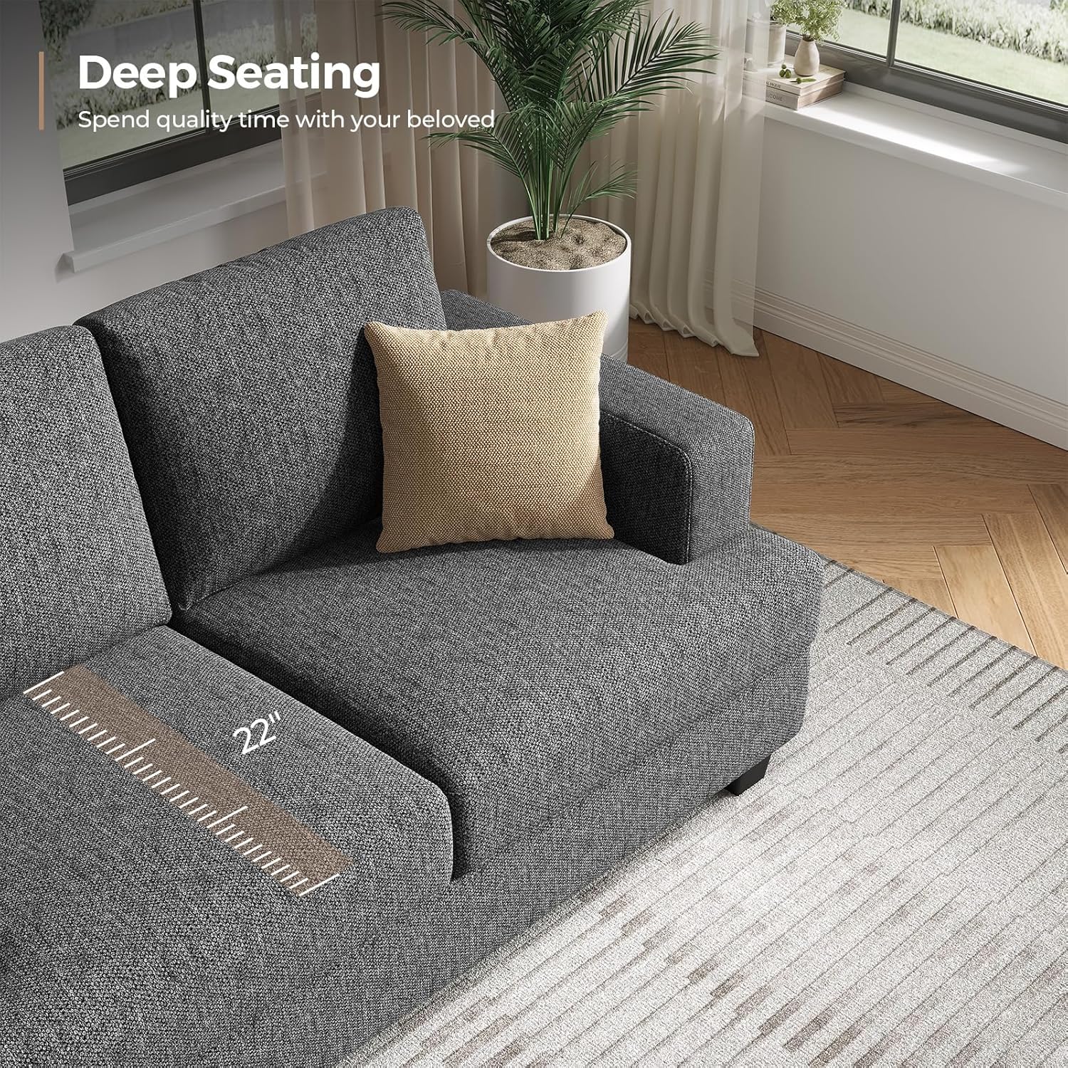 COPIAE 63 Inch Sofa with Extra Deep Seats Oversize, Linen Fabric 2 Seater Sofa for Living Room,Modern Couch and Loveseat, Comfy Armrests and Seats and Backrests, Easy Installation, Dark Gray