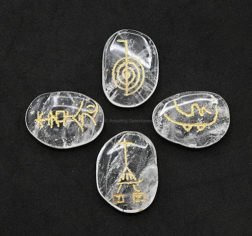 Miniatura 6 de Amazing Gemstone Piedras de Reiki de cristal de cuarzo transparente con símbolos grabados para curación de Reiki Usui, juego de 4 piezas (juego de