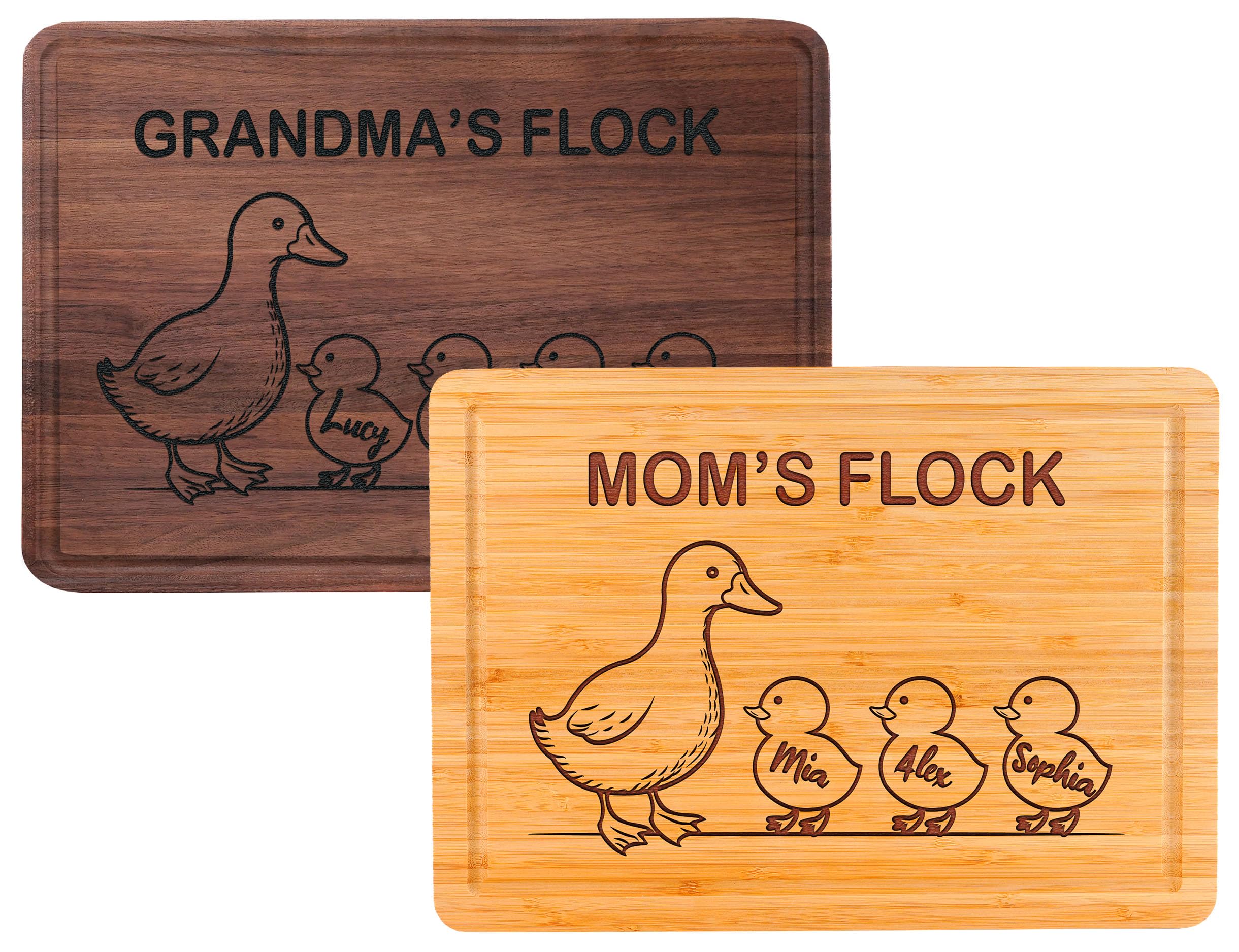 Personalized Cutting Boards for Mom & Grandma with Kids Names, Custom Engraved Grandma’s Flock Duck Design, New Moms Gifts, Mothers Day Gifts for