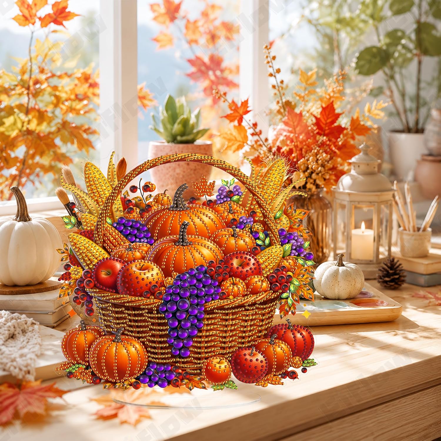 Eiflow Desktop Diamond Art Kit for Adults Autumn Harvest, DIY Tabletop Diamond Art Painting with Stand, Acrylic Stand Up Gem Painting Board Kit (Fall Basket)