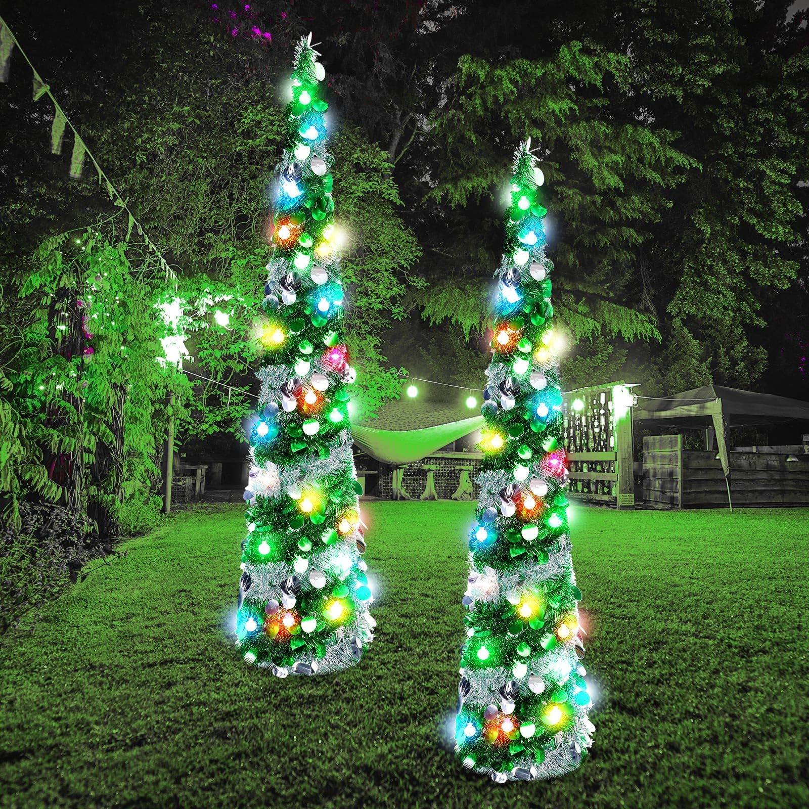 Sosation 2 Pcs Light 5 ft St. Patrick's Day Pop up Tree Pre-lit Artificial Collapsible Tree Green Sliver Slim Pencil Tinsel Trees for Saint Patty's Day Shamrock Clover Irish Party Decoration
