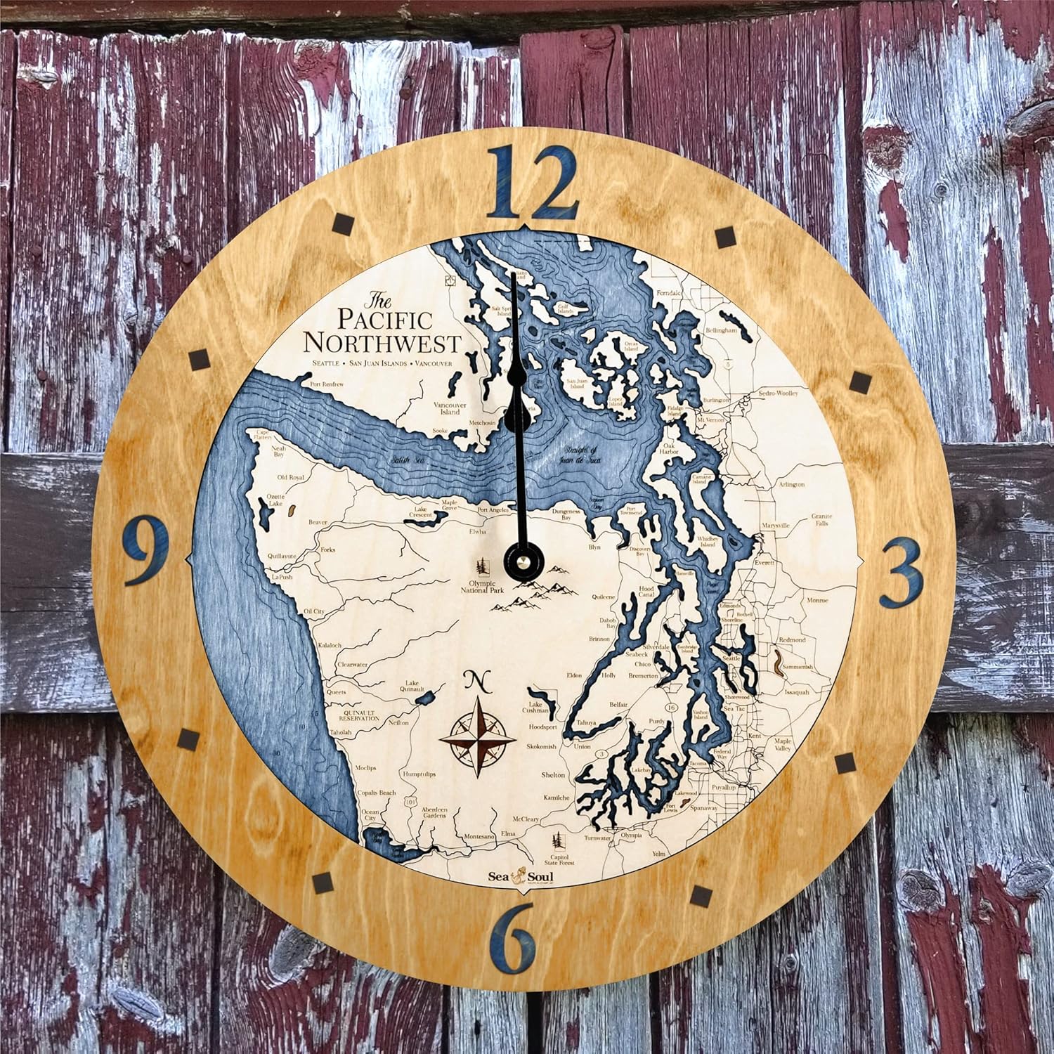 Sea & Soul Pacific Northwest Large Wall Clock, Puget Sound 3D Wood Chart Nautical Clock, Salish Sea Carved Water Depth Map Clock, Unique Kitchen Wall Clock (Driftwood & Deep Blue, 16-inch)