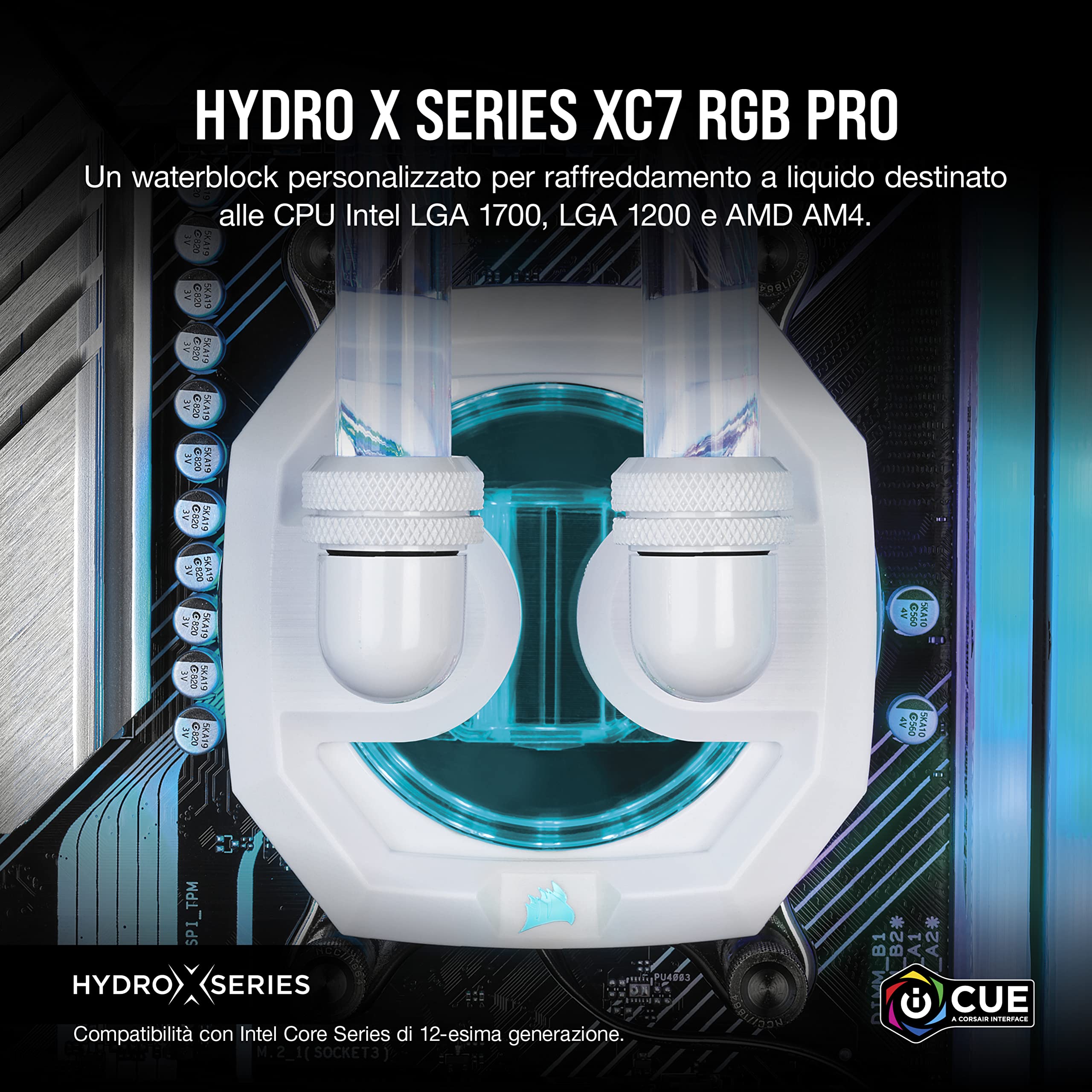 Corsair Hydro X Series XC7 RGB PRO Waterblock per CPU Intel LGA 1700, 1200, 115X e Socket AMD AM4 (Piastra di Raffreddamento in Rame Placcato, Più di 110 Micro-Alette di Raffreddamento) Bianco