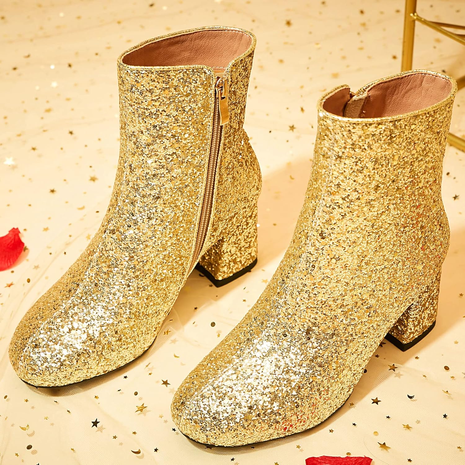 Women Sparkly Ankle Boots Sequin Glitter Booties Chunky High Heels Gold US9.5 EU40 - Image 6