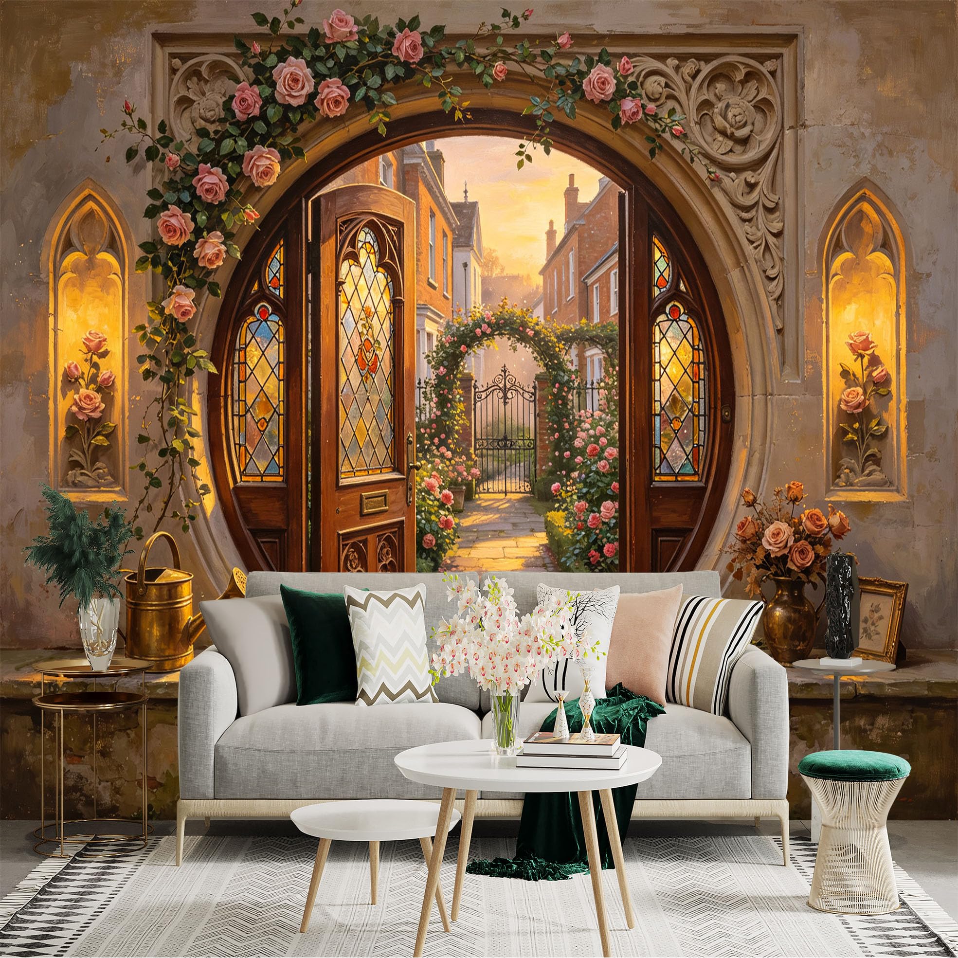 Custom Size Wall Sticker Mural， Vintage Garden Archway with Roses and Cottage Path， for wall Decoration， peelandstick wall Decals.