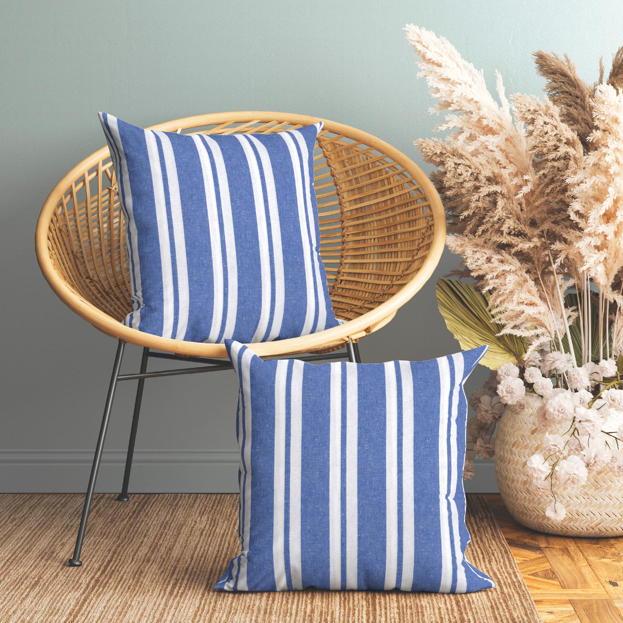 Encasa XO Cushion Covers 2 pcs set (50x50 cm) - Franca Blue Stripes - Decorative Large Square Colourful Washable Eco - Cotton&Polyester, Throw Pillow Cases for Living Room, Sofa, Bedroom, Home & Hotel