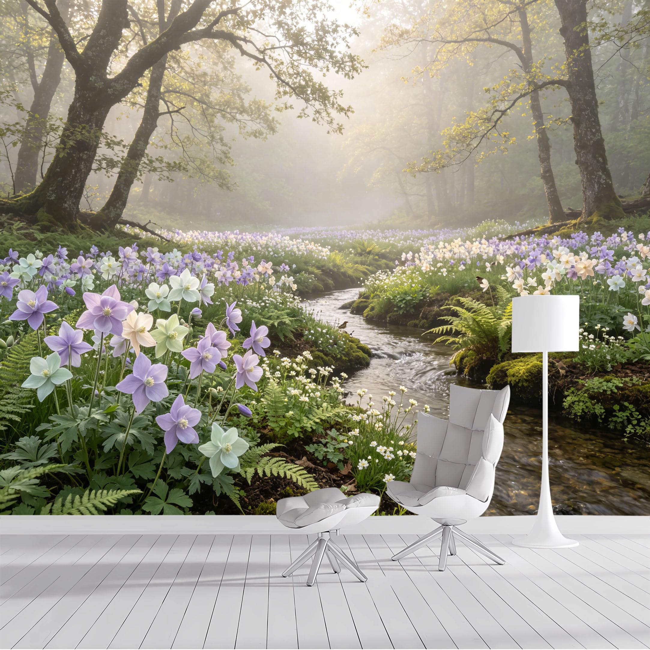 Custom Size Wall Mural Misty Forest Stream Aquilegia Watercolor Landscape SelfAdhesive Wall Fabric Removable Peel and Stick Wallpaper Wall Decor for Living Room Bedroom Bathroom