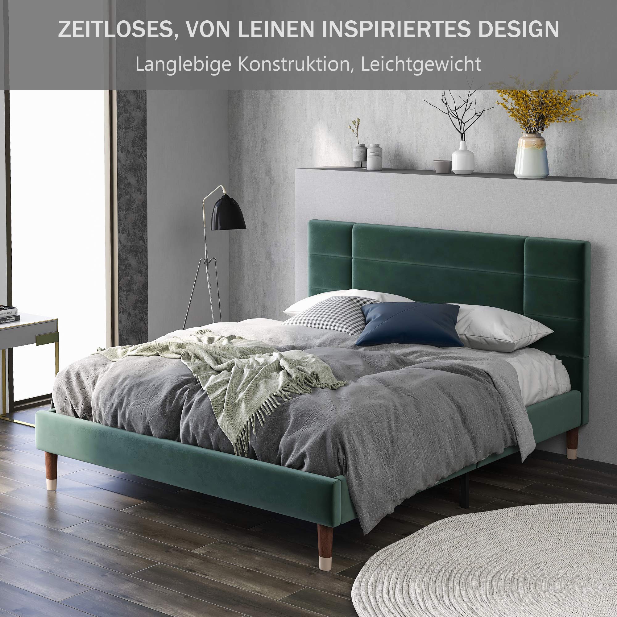 ModernLuxe Cama doble tapizada con cajón y somier, 140 x 200 cm, estructura acolchada con cabecero en terciopelo verde oscuro para adultos y jóvenes (colchón no incluido) (verde oscuro)