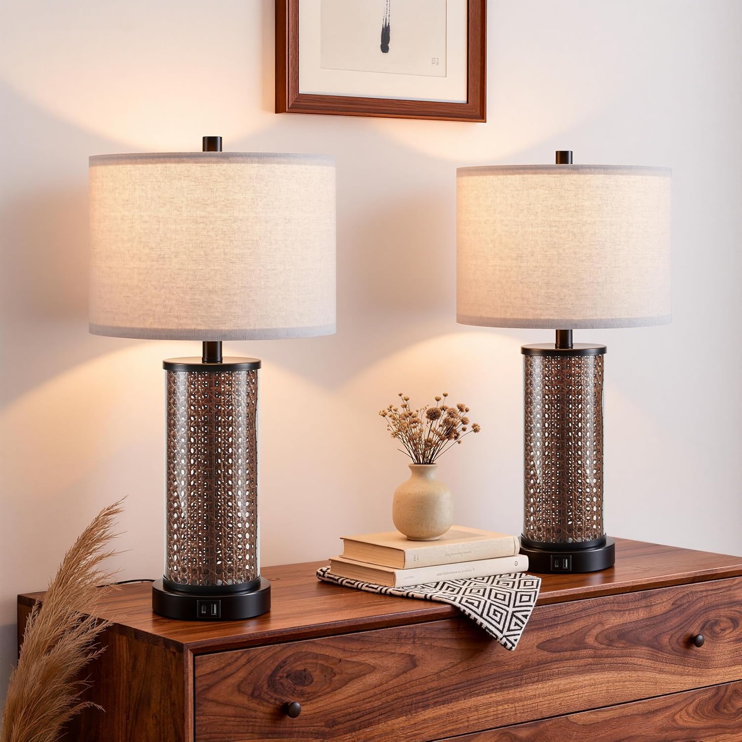 Kyrid 23.5'' Glass Table Lamps Set of 2 with Rattan for Living Room, USB Bedroom Rattan Lamps Set of 2, Black Glass Table Lamp with USB Ports and AC Outlets (Bulbs Included)