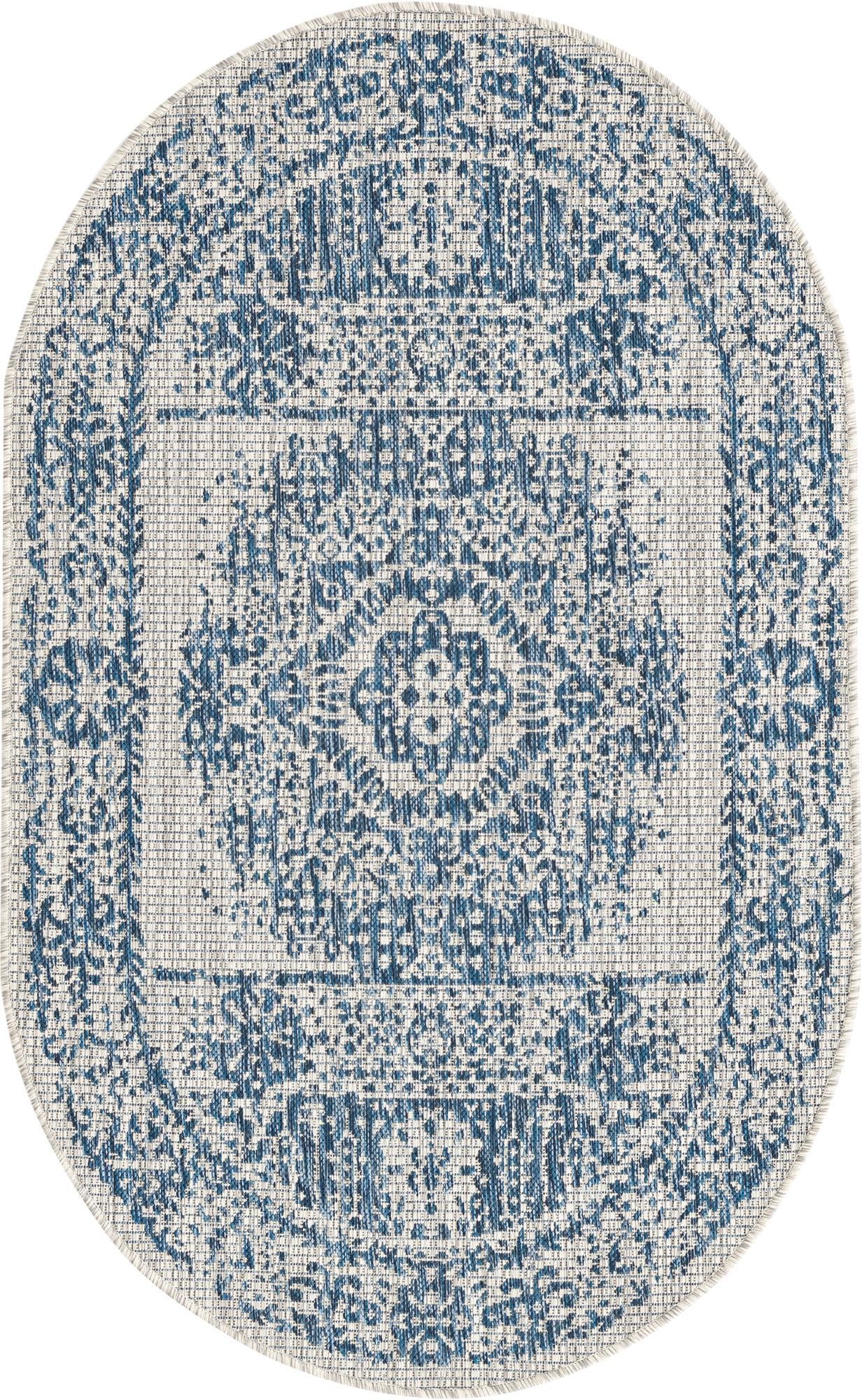 Rugs.com Outdoor Traditional Collection Rug – 3x5 Oval Blue Flatweave-Pile Rug Perfect for Living Rooms, Large Dining Rooms, Open Floorplans