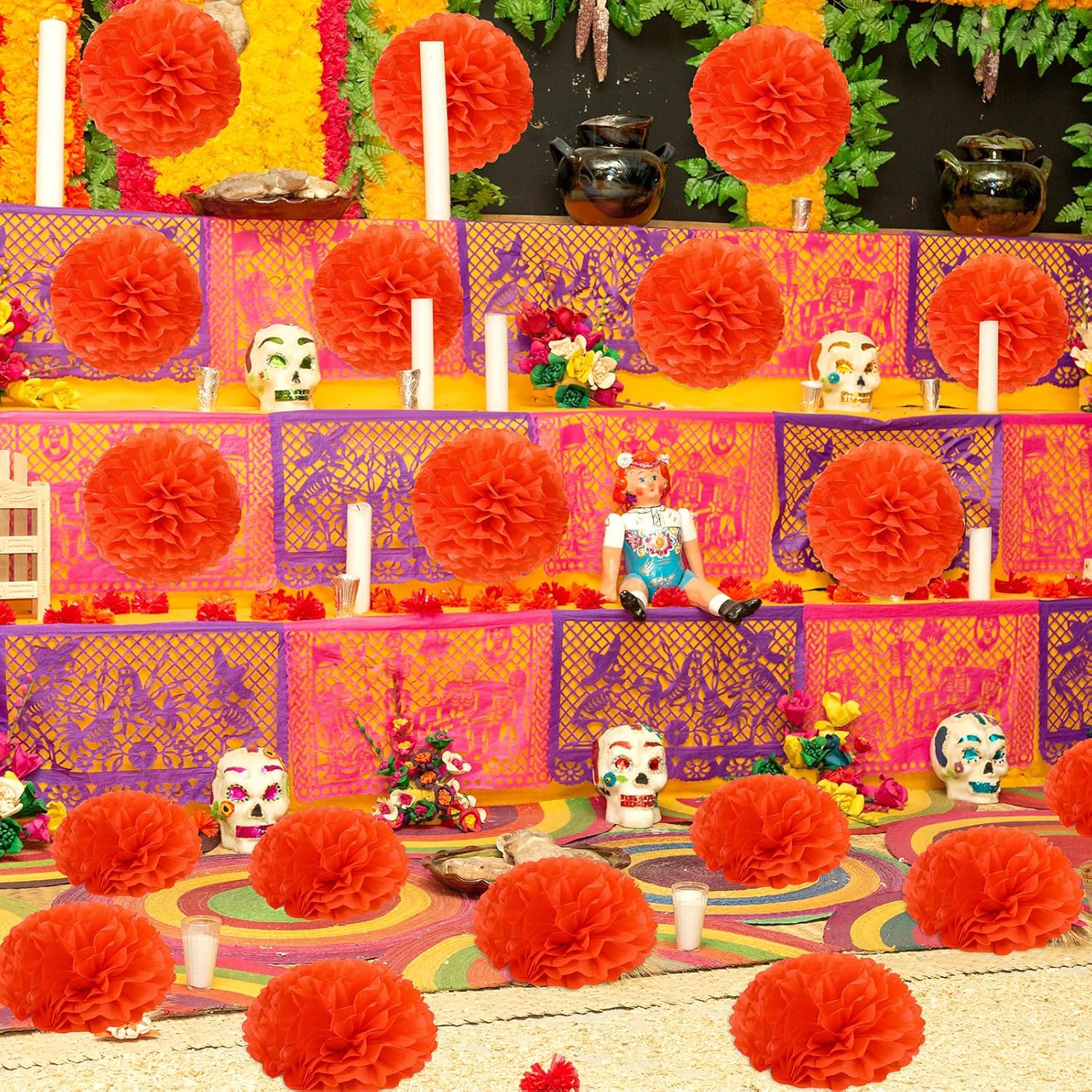 Watersay 20 Pcs 12 Inches Jumbo Artificial Marigold Garlands Large Paper Orange Flower Garland for Dia De Los Muertos Decor The Day of The Dead Ofrenda Altar and Indian Diwali Wedding Decorations