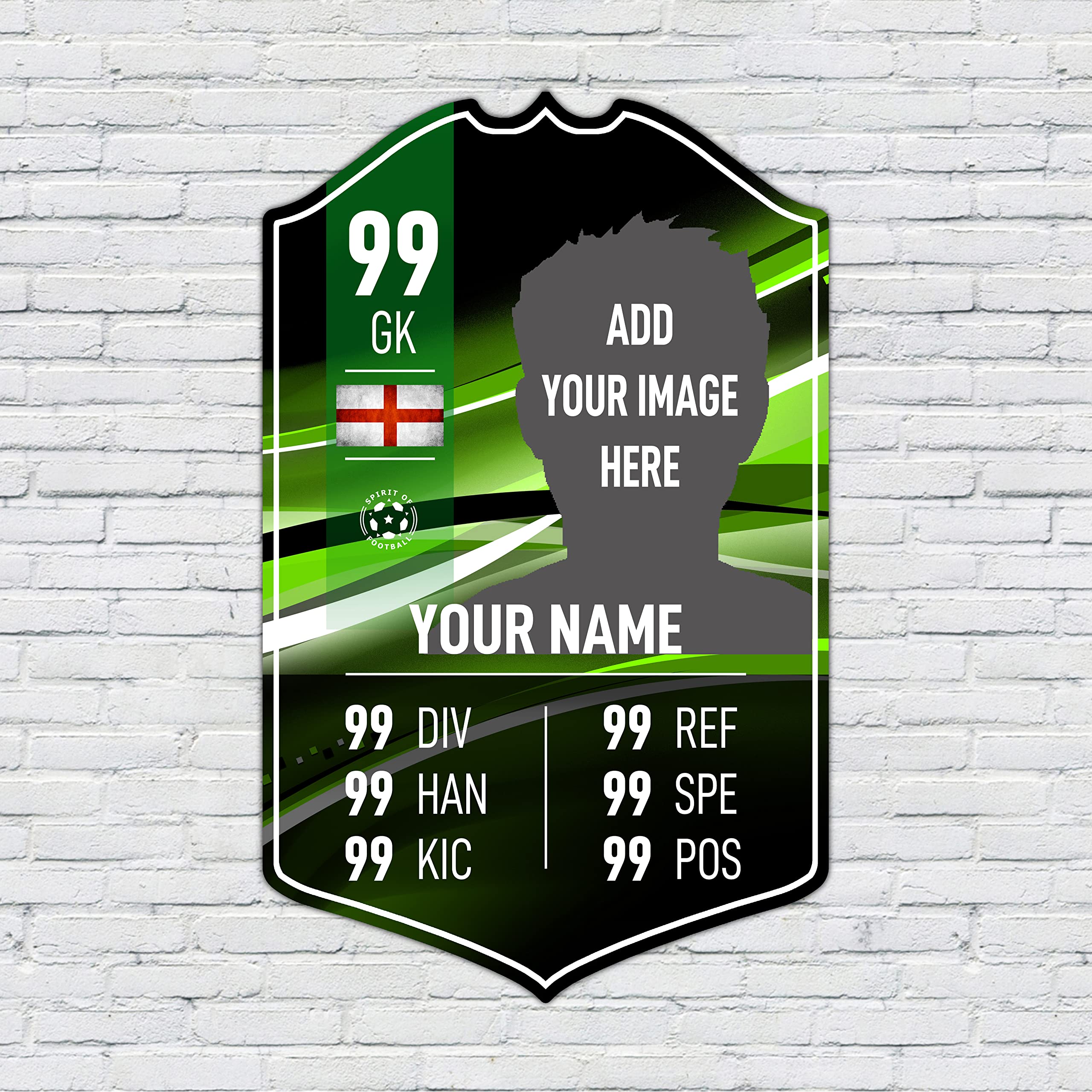 ShopQuality4U Personalised Football Cup Goalkeeper Stats Card Sign - Green Background Printed Metal Shield Sign Wall Art A4 Goalkeeper Add Name (28x17cm)