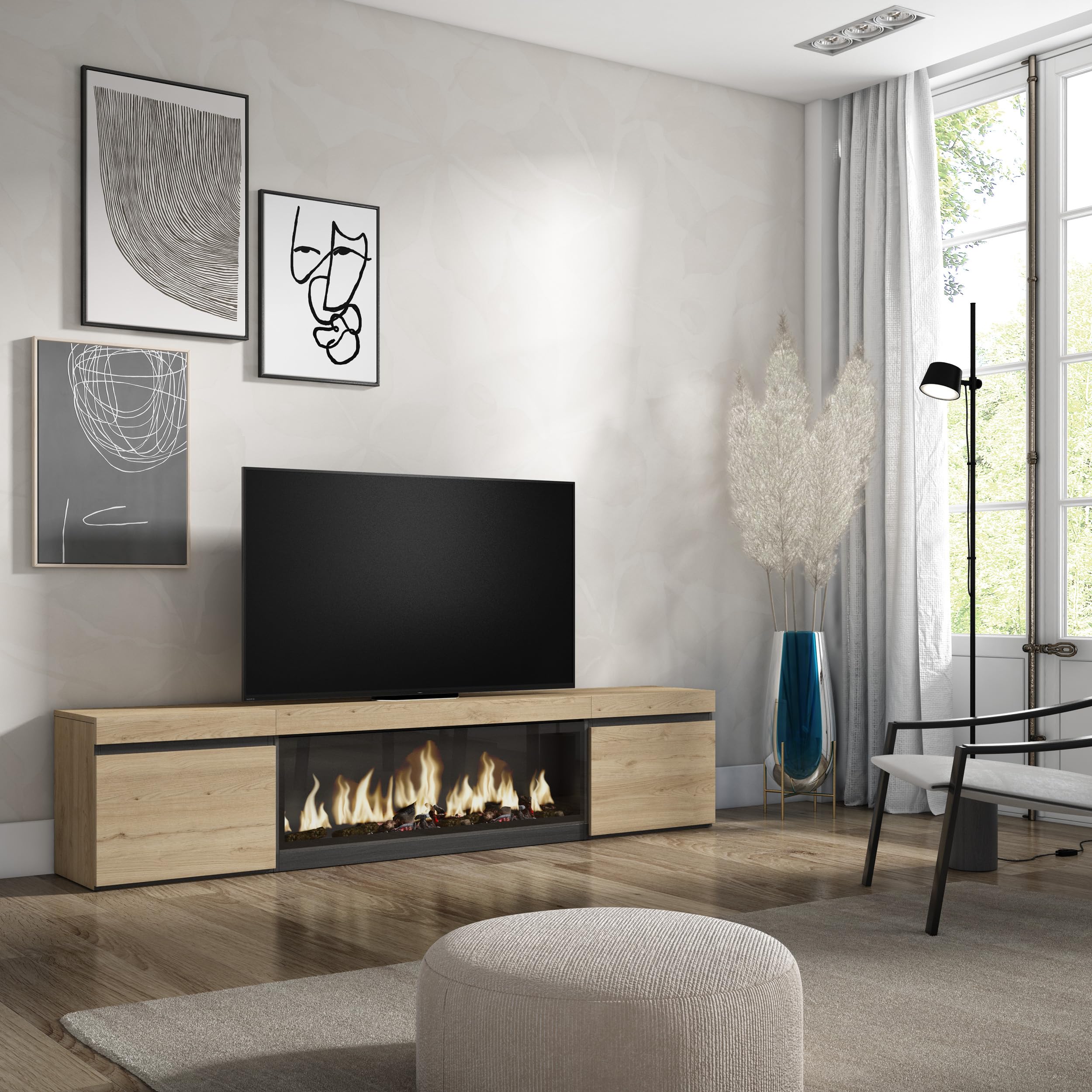Skraut Home | Mobile TV Soggiorno | Ampio spazio a disposizione | 210 | Per TV fino a 80" | Camino elettrico XXL | Stile moderno | Rovere