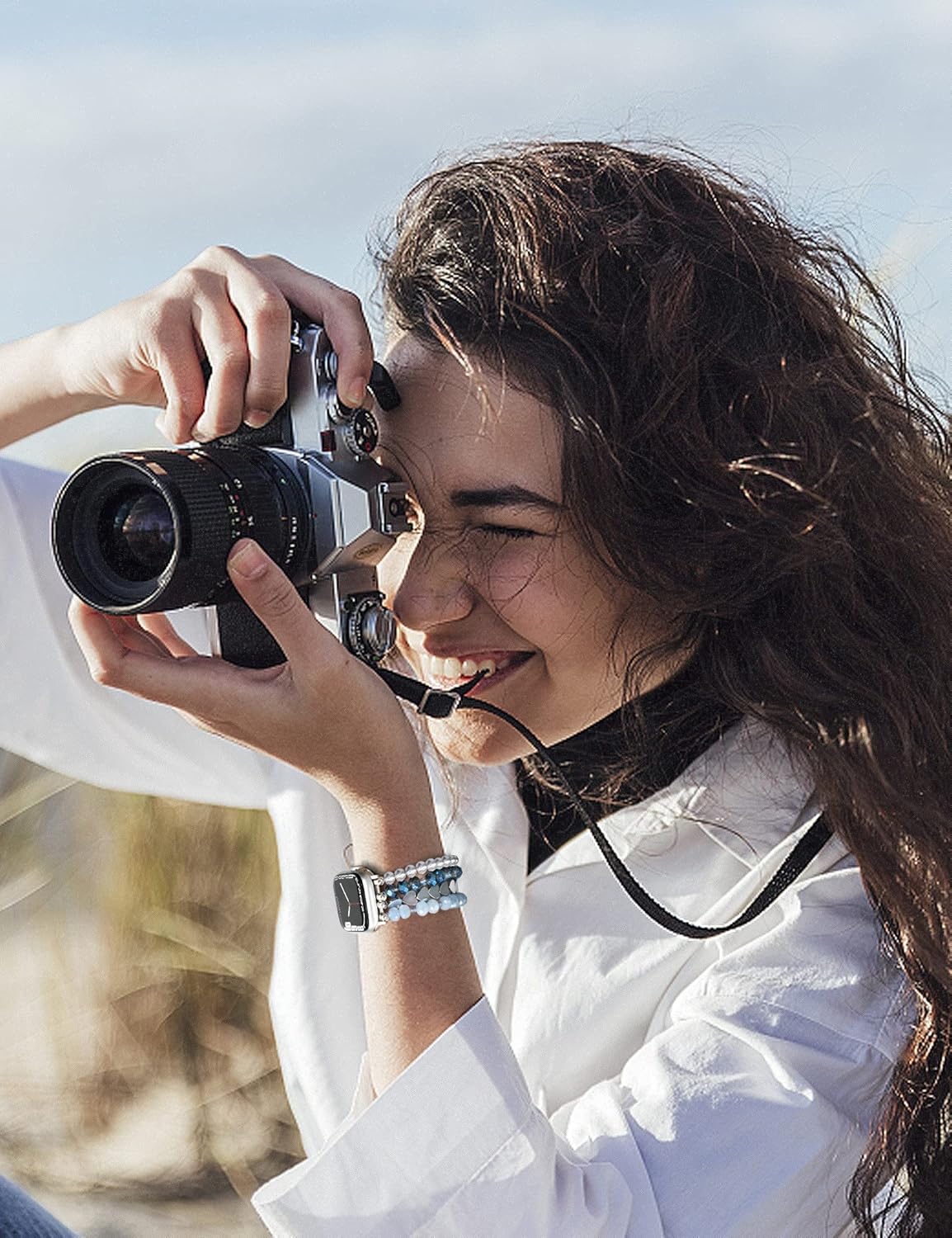 JR.DM Beaded Bracelet Bands for women Compatible with Apple Watch 40mm 38mm 41mm 44mm 42mm(S10/11) Fashion Cute Dressy Stretchy Handmade Strap for iWatch Series 11/10/9/8/7/6/5/4/SE 3/2/1(Blue/Silver) - Image 6