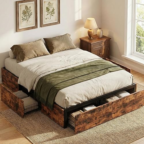 Miniatura 8 de LIKIMIO - Estructura de cama Queen con almacenamiento, 4 cajones y marcos de soporte de metal pesado y resistente, estable y sólida, sin ruidos, no