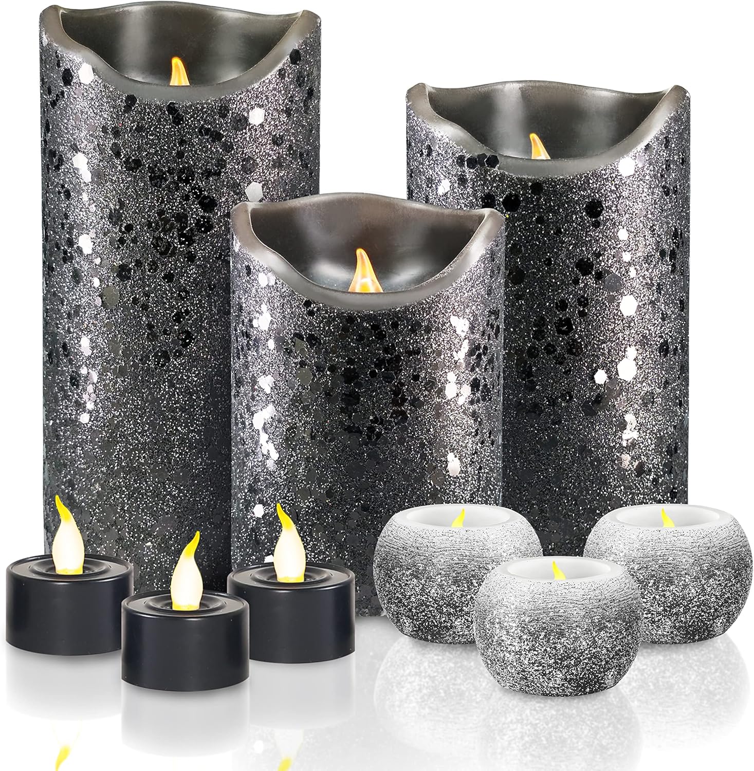 FURORA LIGHTING Halloween Decorations Black Flameless Candles Battery Operated, 6 Pack Bundle with Black Flameless Round Candles Battery Operated with Timer 6H ON-18H Off