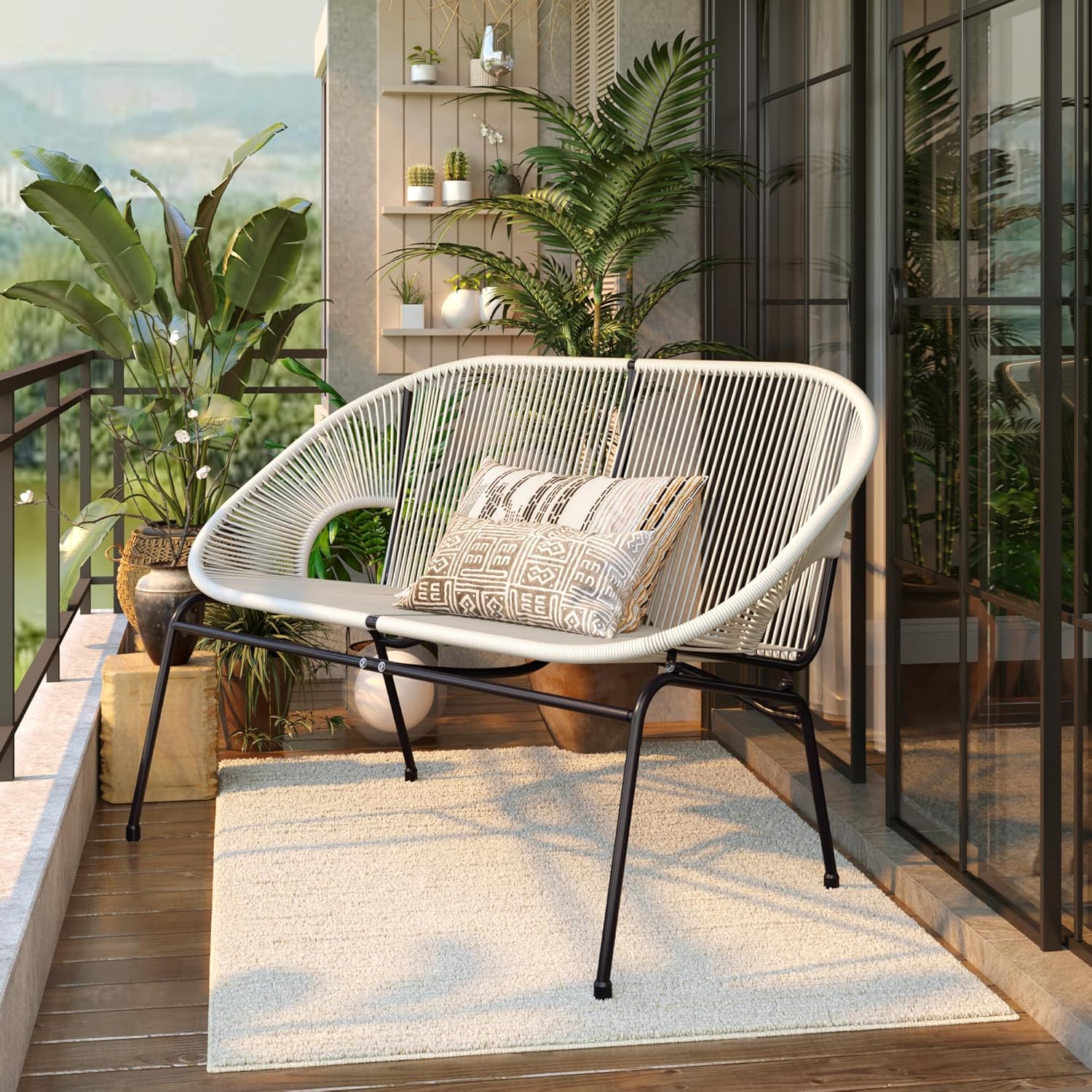 Christopher Knight Home Dessa Patio Iron Frame and Wicker Loveseat, Outdoor 2-Seater Sofa, Woven Faux Rattan Conversation Seating for Backyard, Garden, Balcony, Poolside, Porch, Deck, White+Black