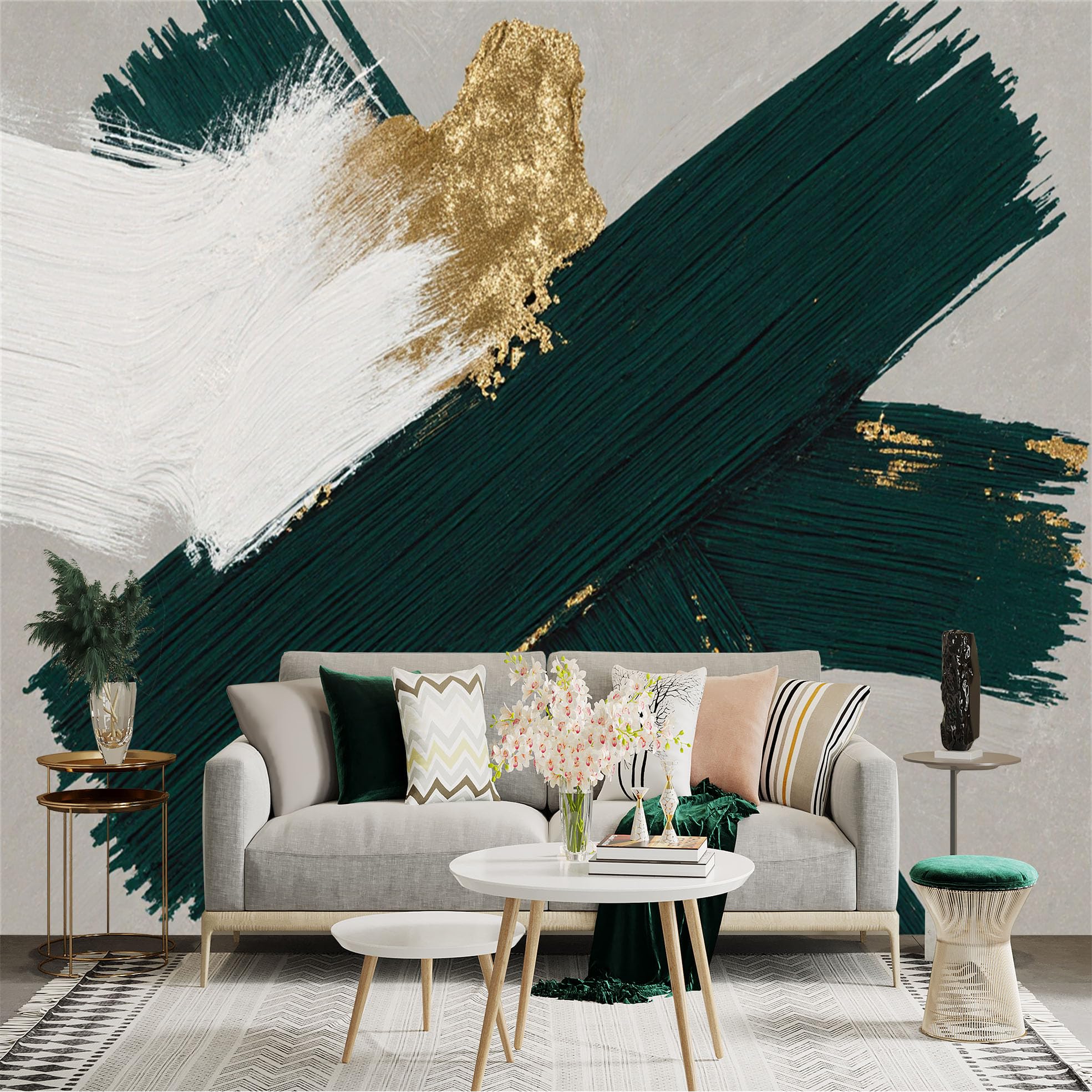 Custom Size Wall Sticker Mural， Abstract Dark Green and White Brush Strokes， Gold Foil Texture， Modern Minimalist Art， for wall Decoration， peelandstick wall Decals.