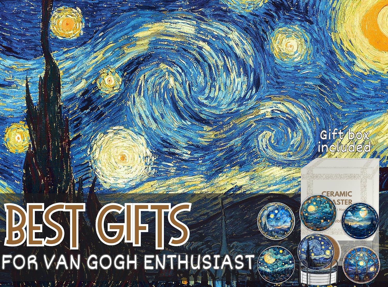 Onebttl Van Gogh Art Starry Night Gifts - Starry Night Coaster Set of 6 Bar Coasters, Housewarming Gifts for New Home, Stained Glass Style