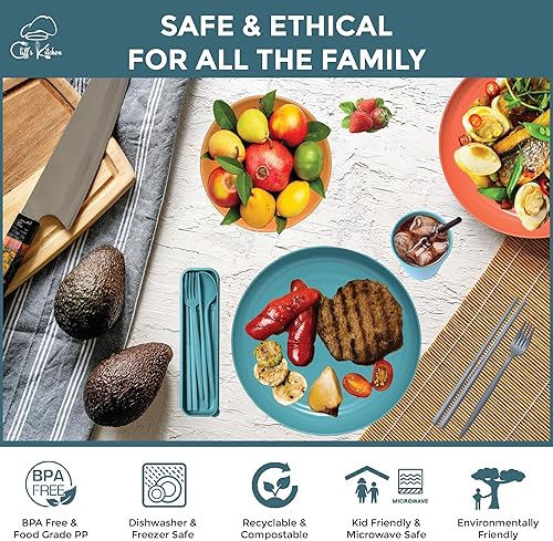 Miniatura 7 de Juego de vajilla de paja de trigo de 48 piezas para 6 piezas, juego de vajilla irrompible con platos grandes, cuencos y tazas, sin BPA, ligero, apto