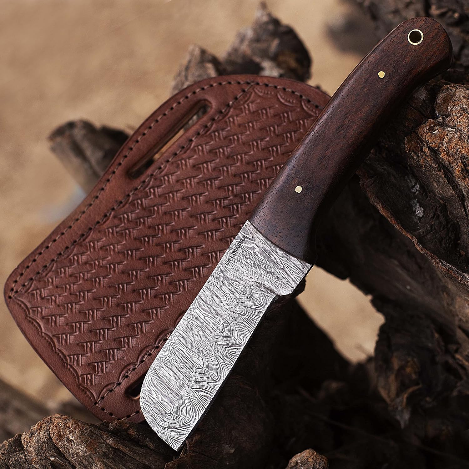 Custom Handmade Damascus steel Bull cutter knife, cowboy knives with pancake leather sheath (ROSE WOOD)
