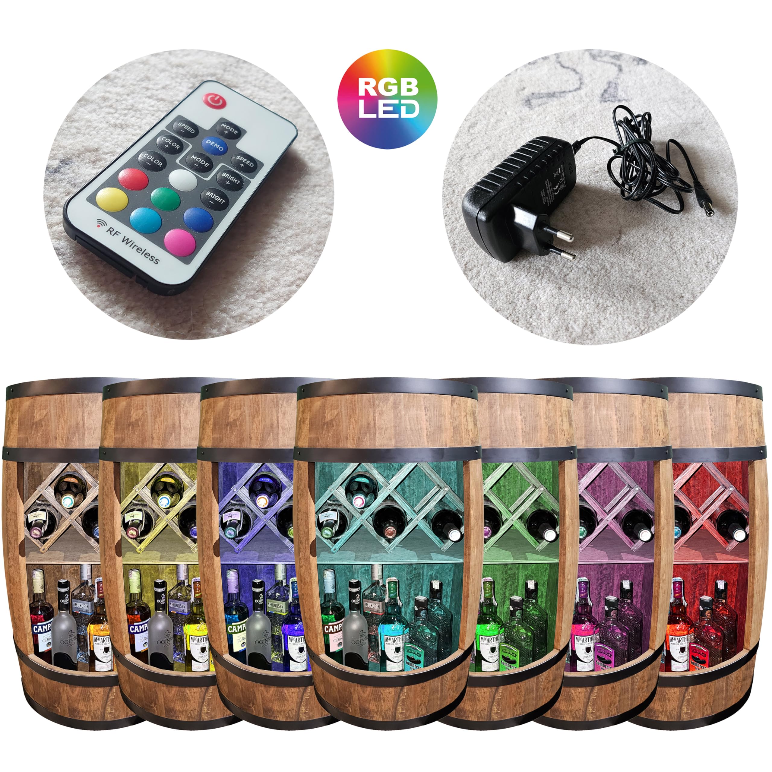 CREATIVE COOPER Fass bar mit Weinhalter - Weinregal LED RGB - Holzfass Hausbar 80x50cm - Rustikaler deko Barschrank Weinständer – Weinschrank (Dunkelbraun)