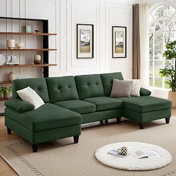 105" Sectional Sofa for Living Room, U-Shape 4 seat Large Couch with Double Chaises Polyester Linen Fibre for Living Room, Green