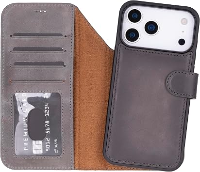 iPhone 17 Pro Max ile Uyumlu Hakiki Deri Cüzdanlı Kılıf – Premium Hakiki Deri, 4 Kart Bölmeli, RFID Koruma, MagSafe Uyumlu, 360° Tam Koruma, Stand Özellikli, Manyetik Kapaklı (Gri)