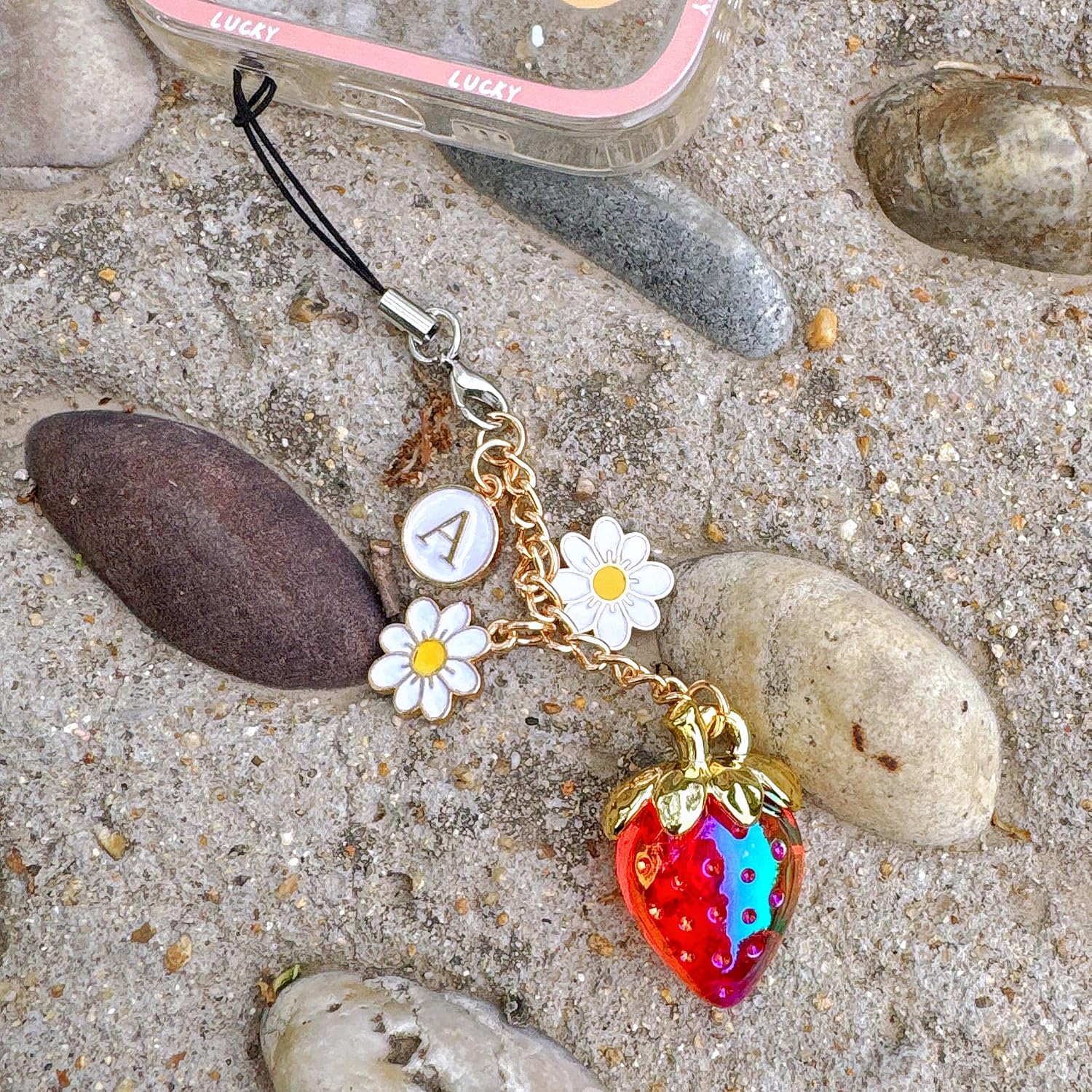 Cute Strawberry Phone Charm,Letter Flower Daisy Cell Phone Charms Strap Bag Keychain Kawaii Camera Pendants Decor-Y2K Aesthetic Gift for Women Girls