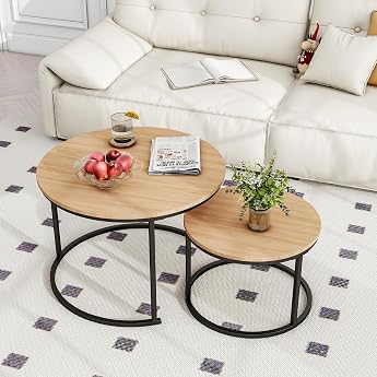 BOFENG Round Nesting Coffee Table Set of 2 Side Tables for Living Room Black + Oak Set of 2