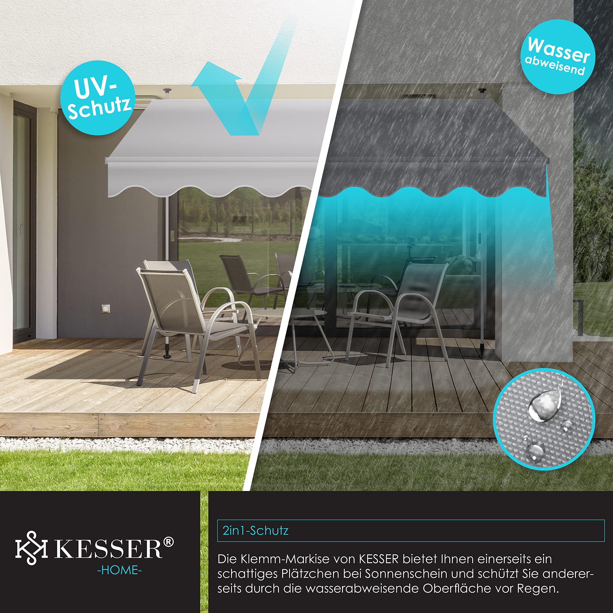 KESSER® Tenda da Sole a Morsetto con manovella per Balcone, Tenda da Sole per Balcone, Regolabile in Altezza, Idrorepellente, Protezione Solare, Copertura per terrazze, Grigio, 400cm