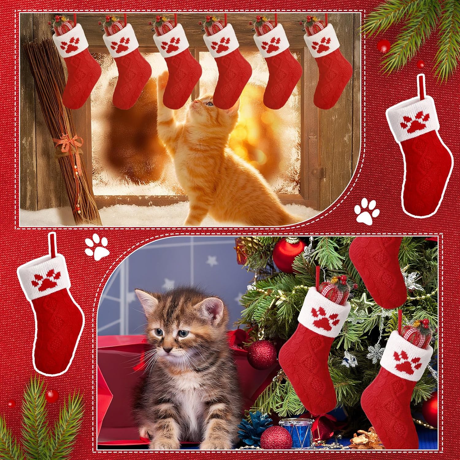 Soulchen 12 Pcs 8.3 Inch Mini Red Christmas Stockings Bulk Pet Paw Pattern Christmas Stocking Xmas Fireplace Hanging Holding Bags for Xmas Winter Family Holiday Party Decor