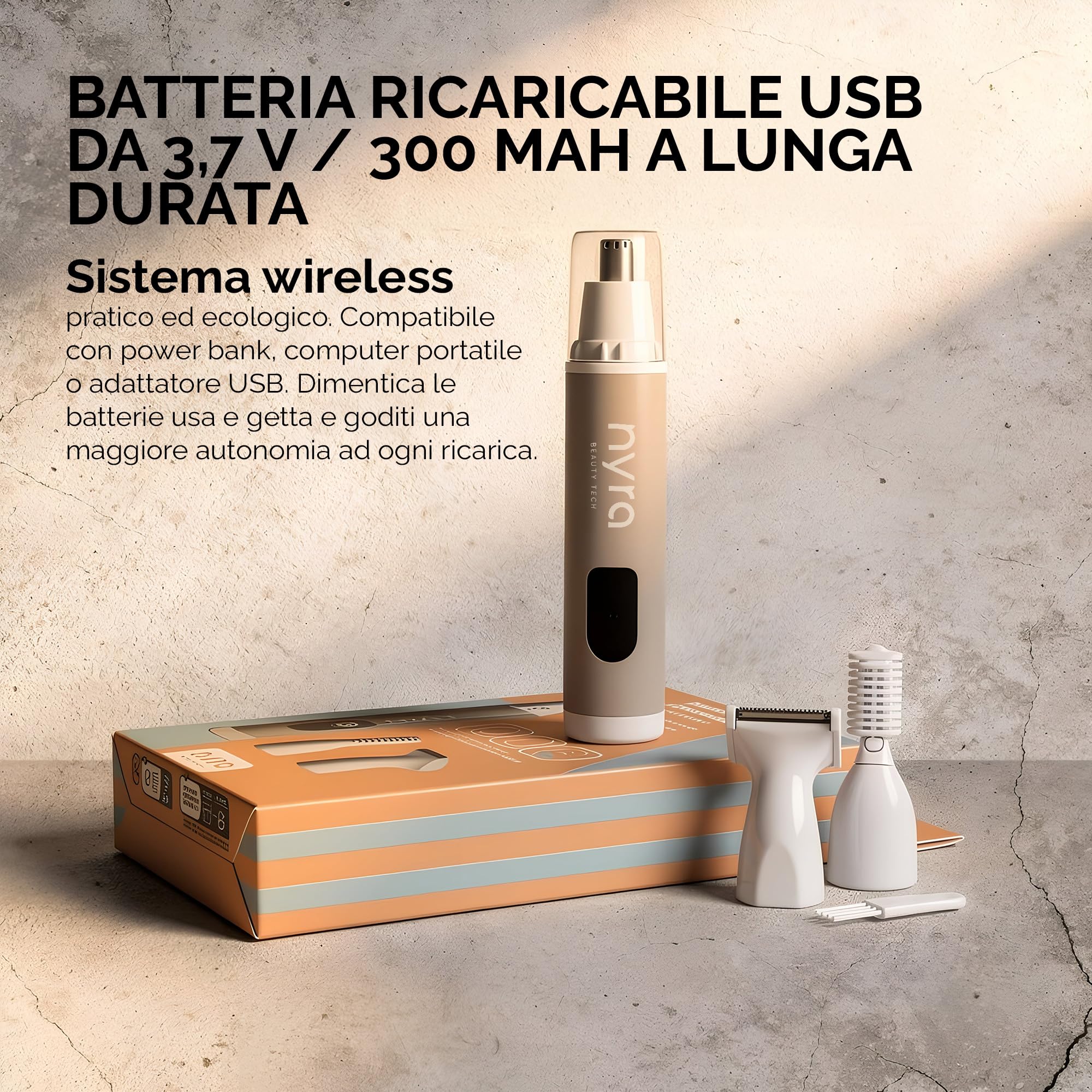 Nyra Facial Hair Trimmer Trimmer 360° - Lama ad arco anti-tiraggio, motore 9000rpm silenzioso, batteria USB 3,7 V/300 mAh | naso, orecchie, sopracciglia e barba, per uomo e donna