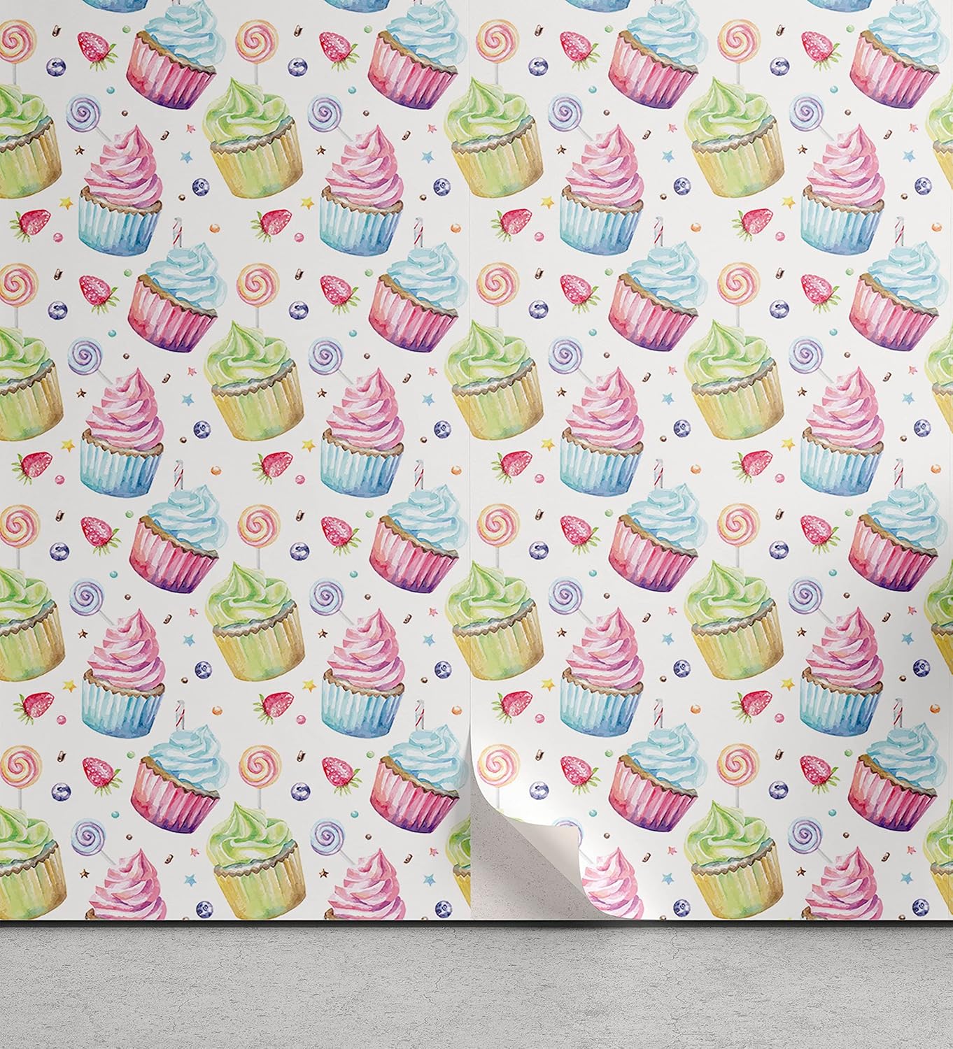 Lunarable Retro Peel & Stick Wallpaper for Home, Colorful Creamy Cupcakes and Sweets Strawberry Pattern Retro Vintage Style, Self-Adhesive Living Room Kitchen Accent, 13" x 100", Blue Green Pink