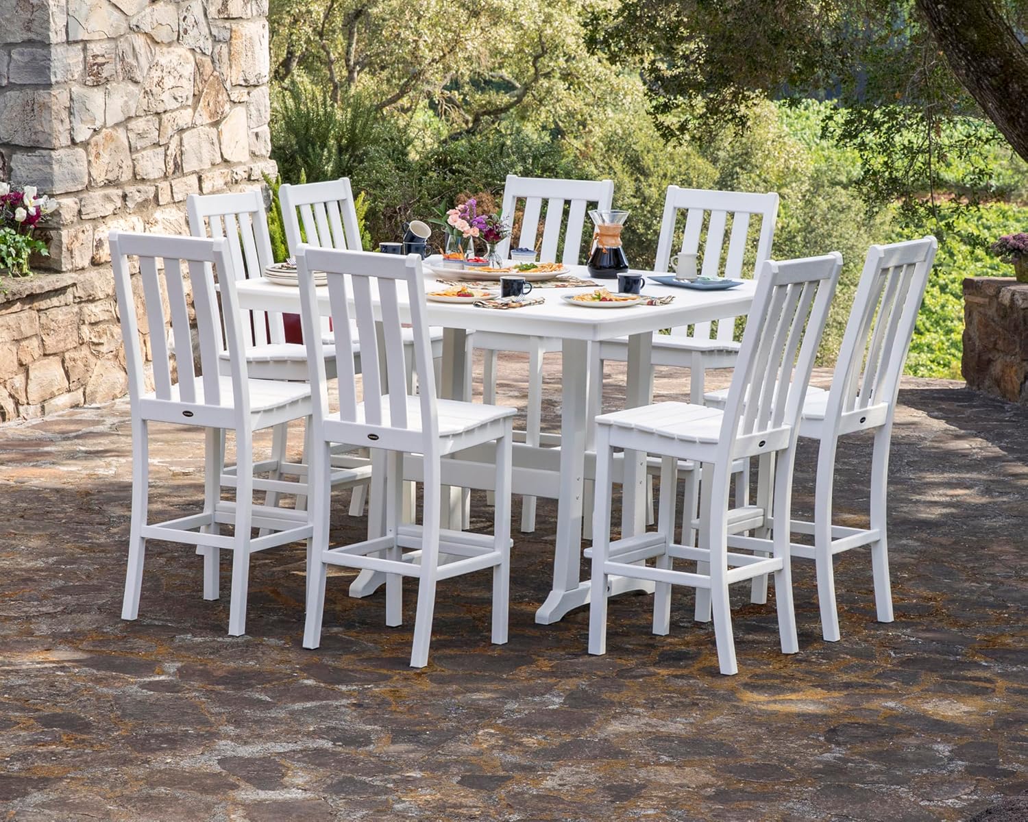 Polywood Vineyard 9-Piece Nautical Trestle Bar Set (Teak)