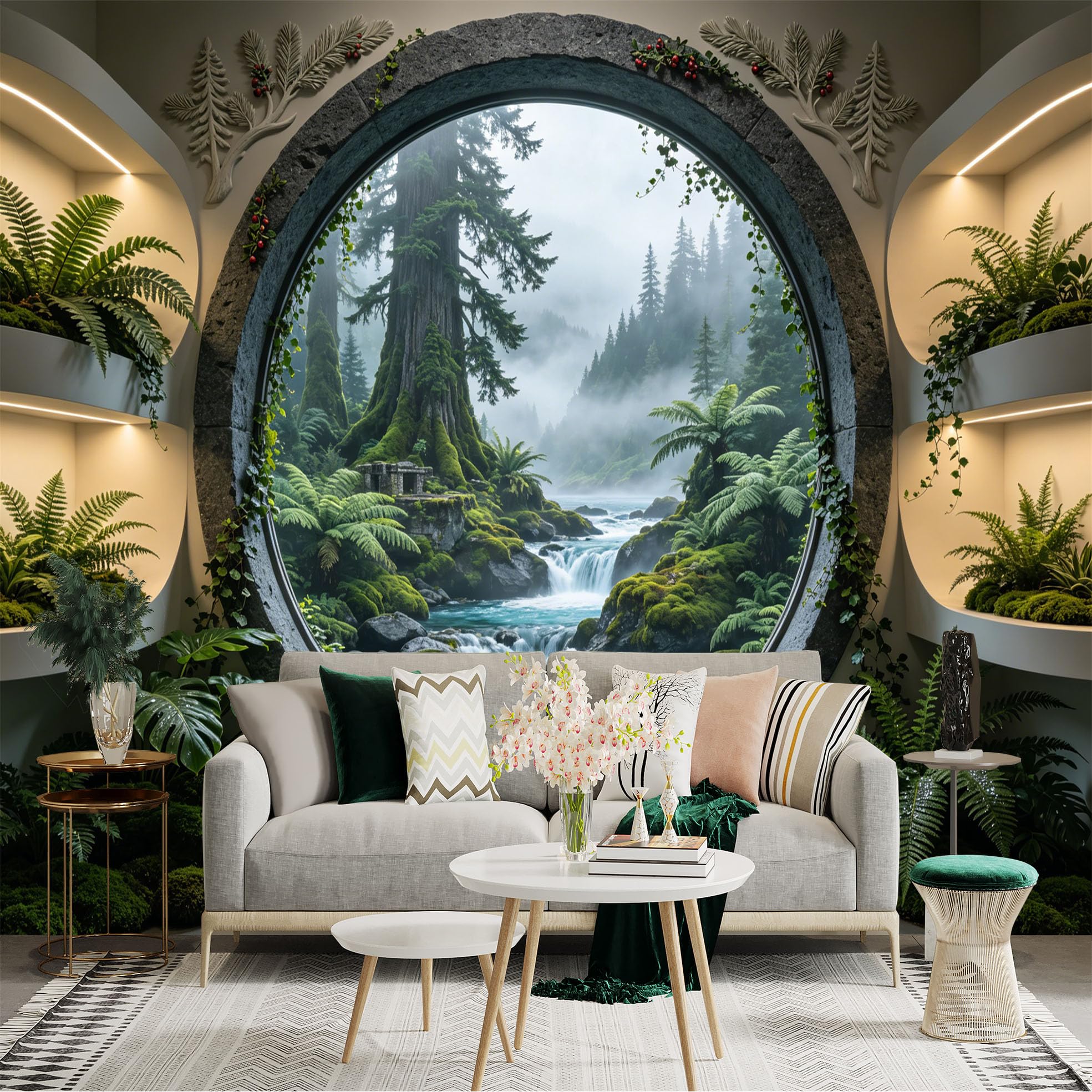 Custom Size Wall Sticker Mural， Misty Forest Waterfall and Lush Greenery Through Round Window， for wall Decoration， peelandstick wall Decals.