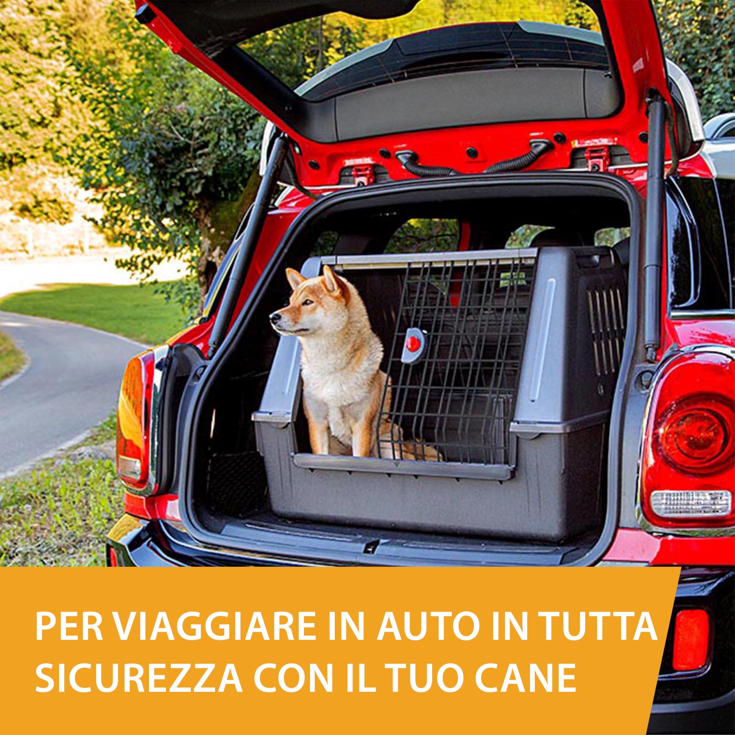 Ferplast ATLAS CAR 80 SCENIC Trasportino per Cani da Auto con Doppia Finestra, Tappeto Drenante, Portaoggetti, Maniglie, Doppia Apertura Scorrevole con Chiusura Sicura, Max 20 kg, 82 x 51 x h 61 cm