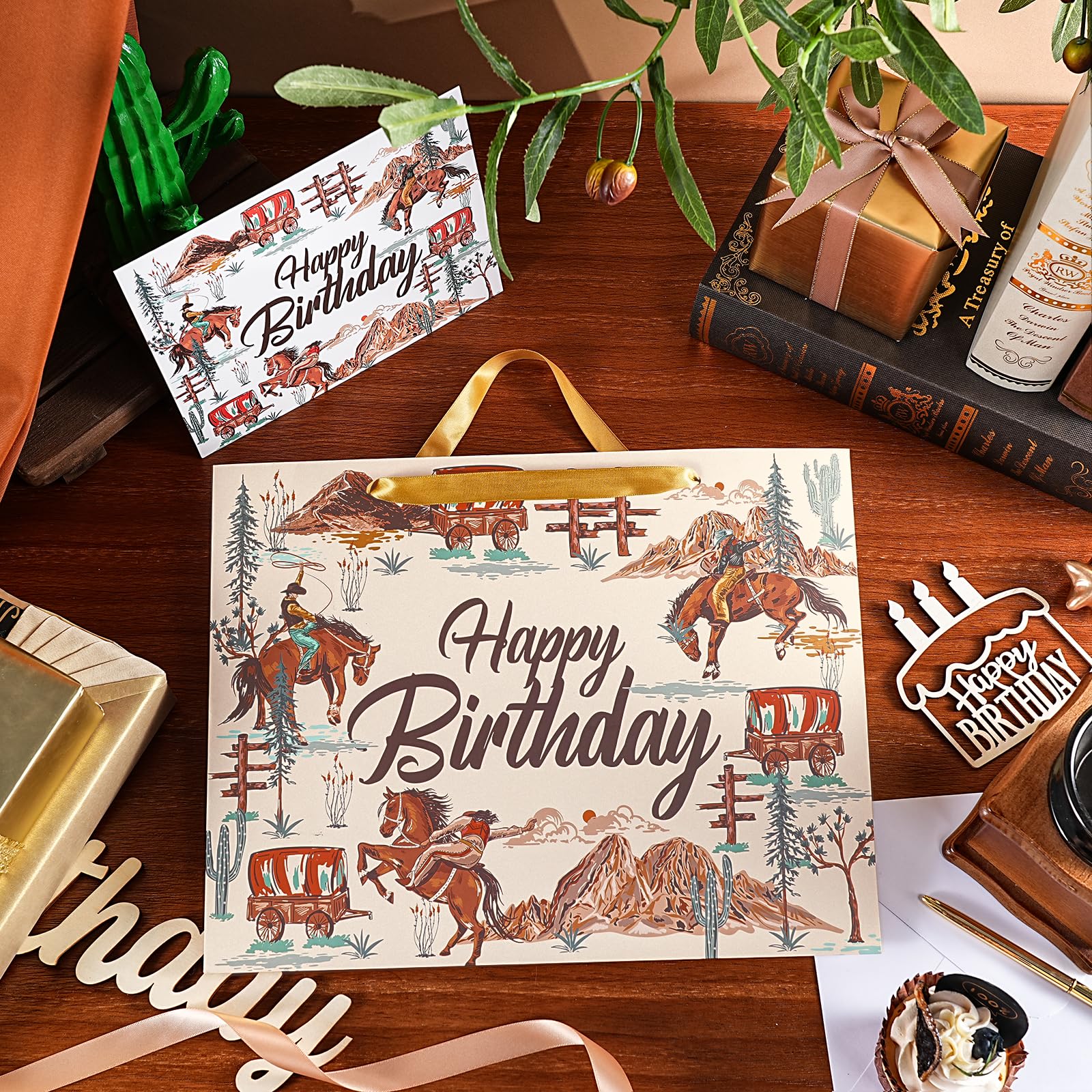 WRAPAHOLIC 13" Cowboy Birthday Gift Bags with Tissue Paper and Card - Brown Cowboy Theme Paper Bags for Men Birthday Western Theme Party Rodeo Stuffer