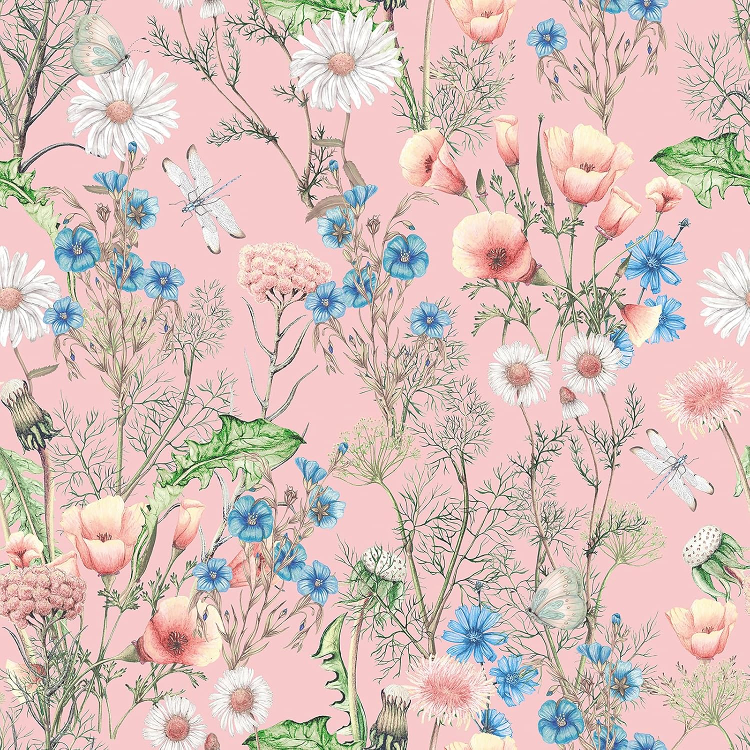 17.5x393 Pink Floral Peel and Stick Wallpaper Removable Pink Flower Wallpaper Vintage Cottage Core Wildflower Blue Green Botanical Leaf Butterfly Vinyl Decorative Contact Paper for Drawers