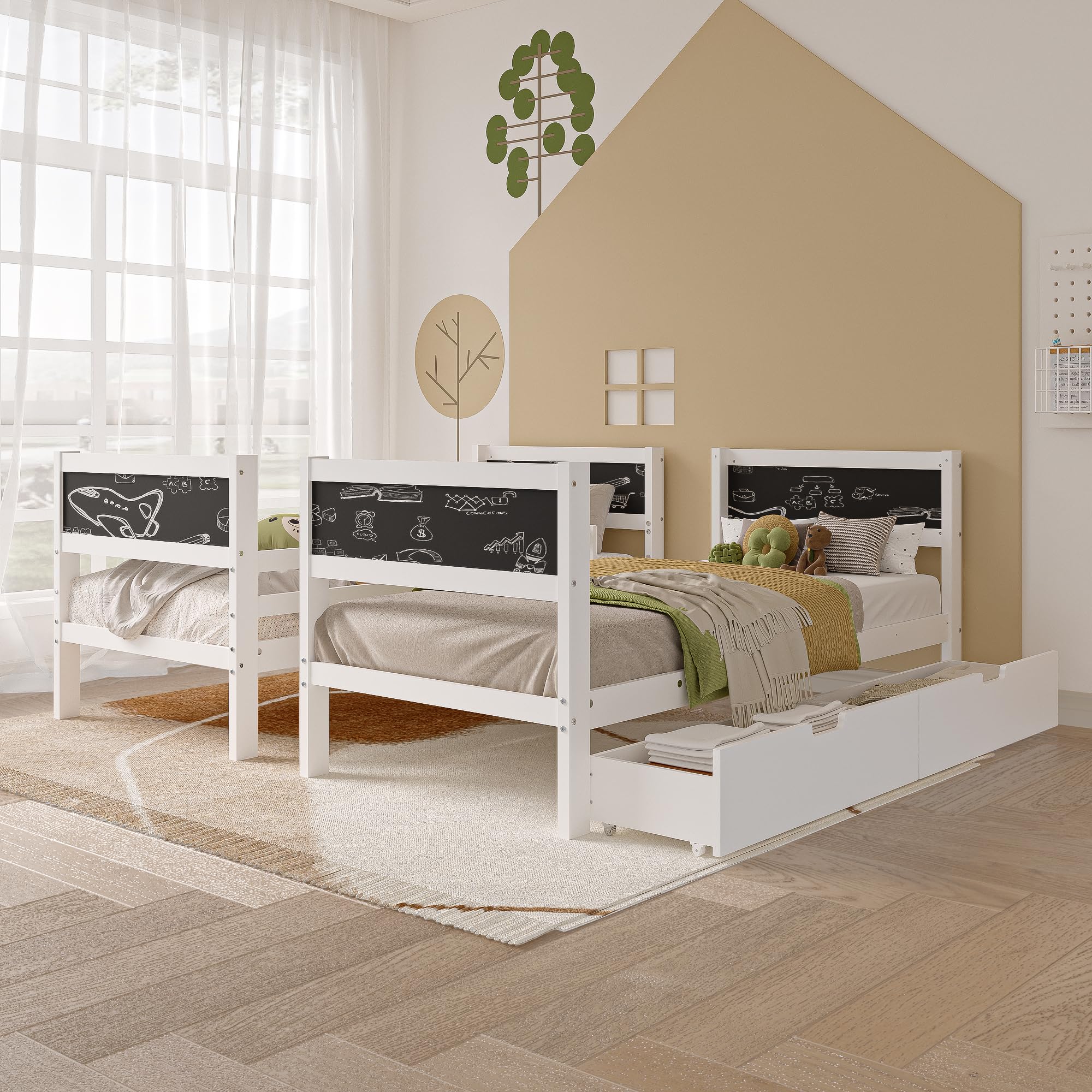 Letto 90x200 Cm Per Bambini In Legno Di Pino Con Cassetti | Struttura Con Sponde Di Sicurezza E Scala, Bianco, Carico Max 120 Kg, Senza Materasso