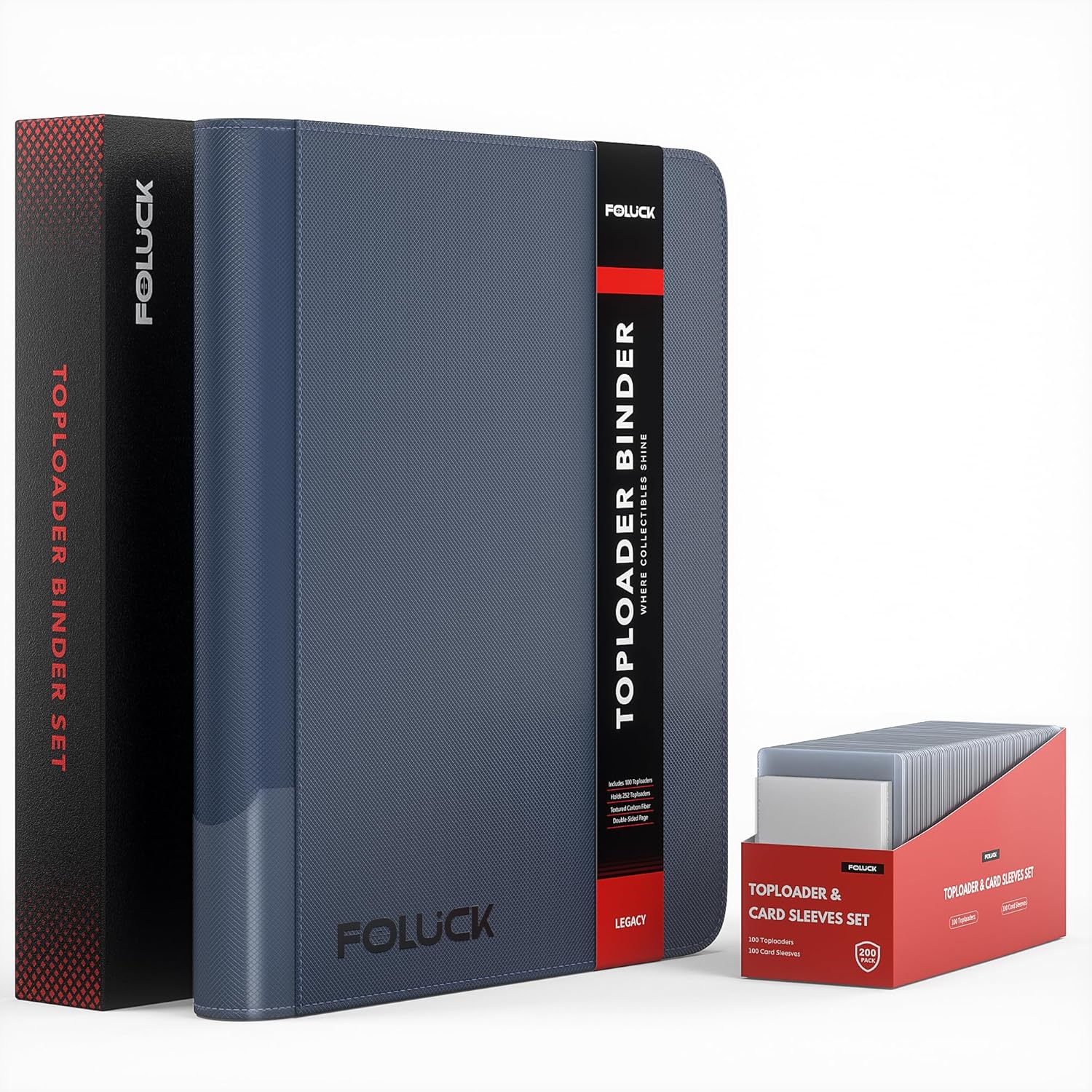 Foluck 9 Pocket Top Loader Binder, Holds 252 Toploaders, 200Pcs Top Loaders & Card Sleeves Included, Side-Loading Trading Card Binder, Premium Collection Album for Pokemon, MTG, Sports Cards (Blue)
