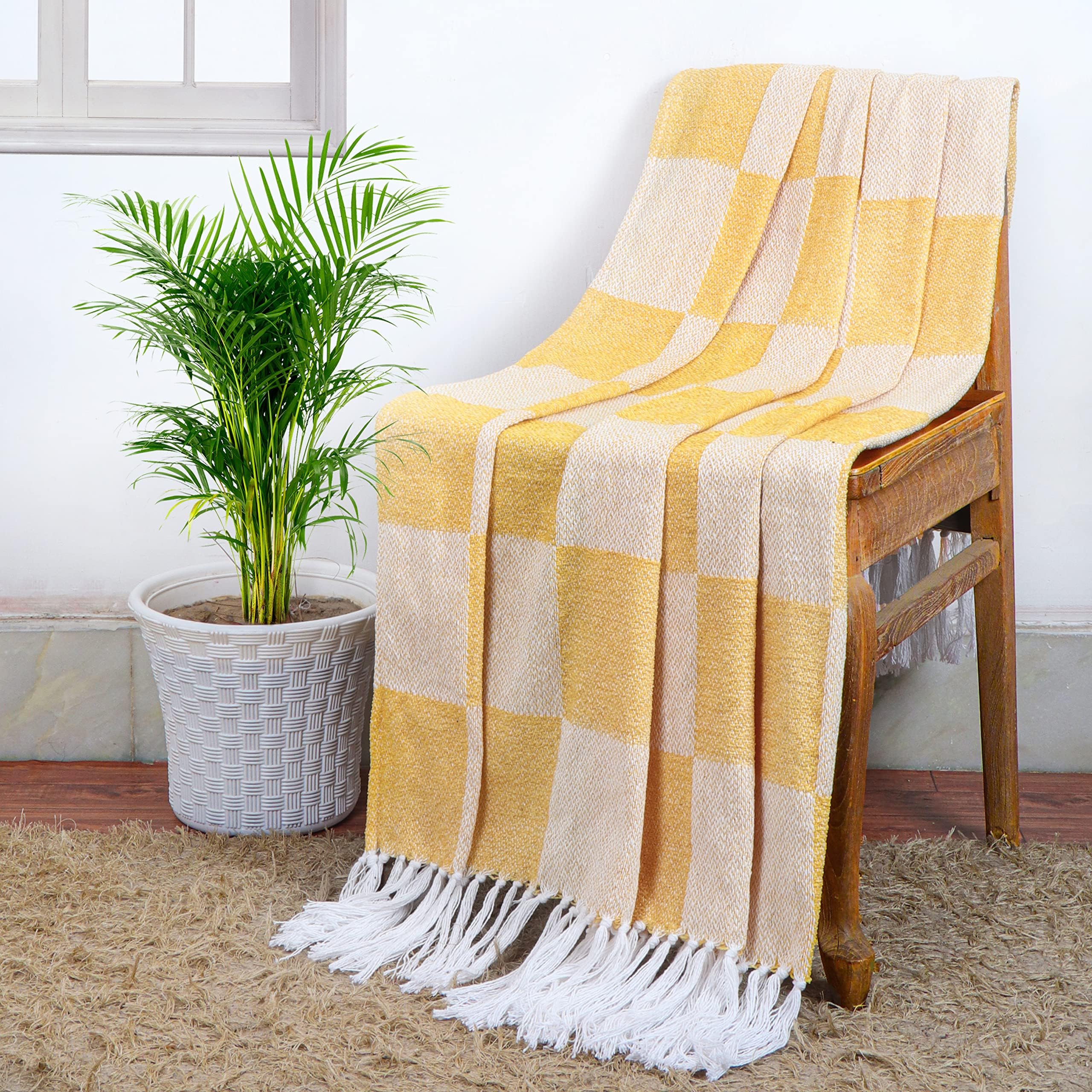 CazimoSoft Chenille Cotton Throws for Sofa & Bed - 50 * 60 inches, Yellow