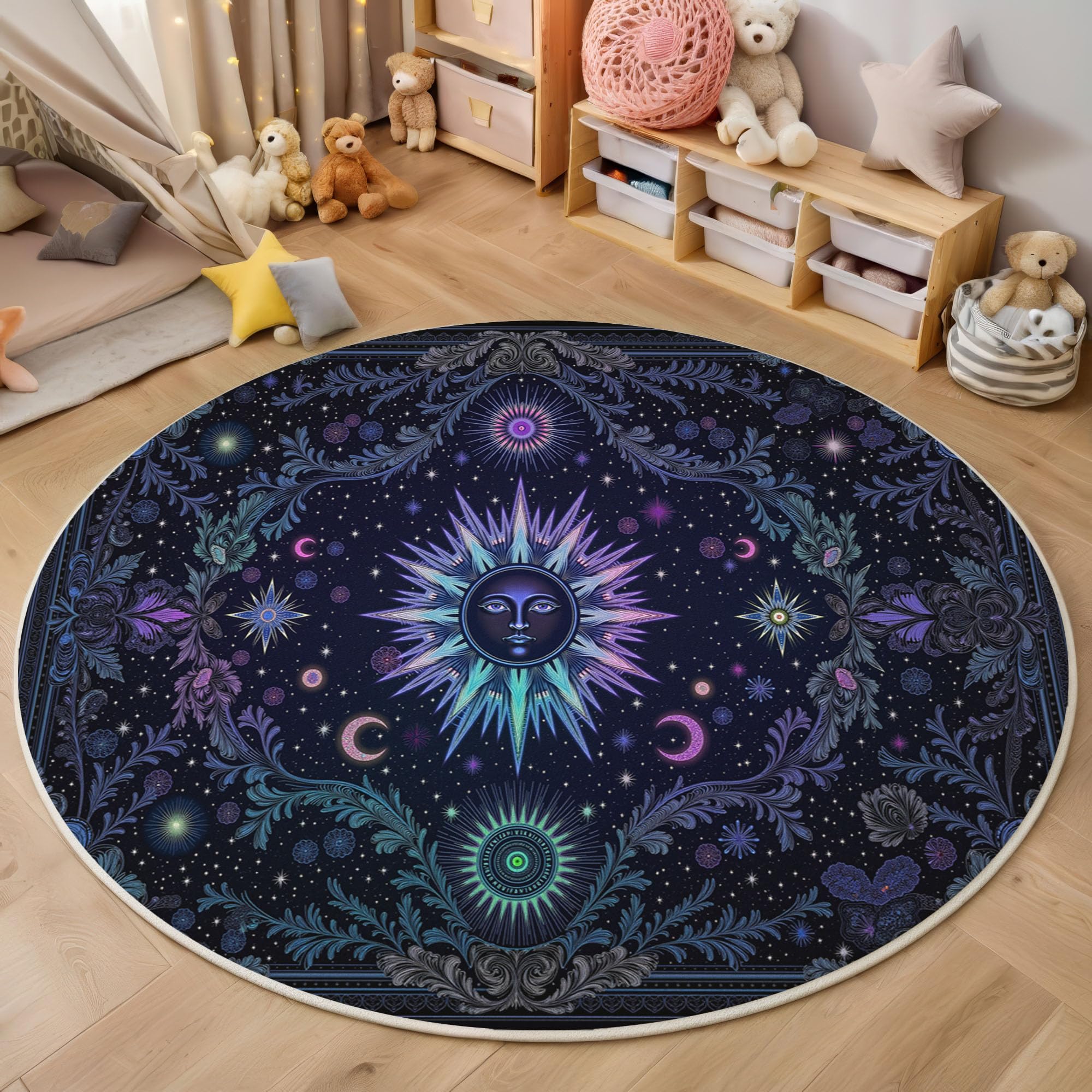 Tapis rond antidérapant lune et soleil taupe 60cm lavable pour éviter les glissades en cuisine