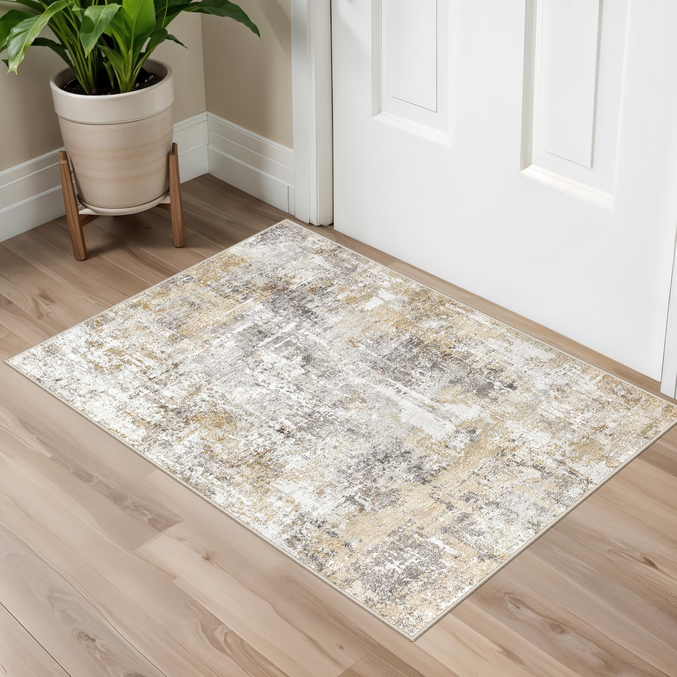 2x3 Washable Non-Slip Area Rug - Soft Low Pile Throw Rug for Kitchen Entryway Bedroom - Modern Indoor Door Mat with Rubber Backing (Gold Grey) — image 1